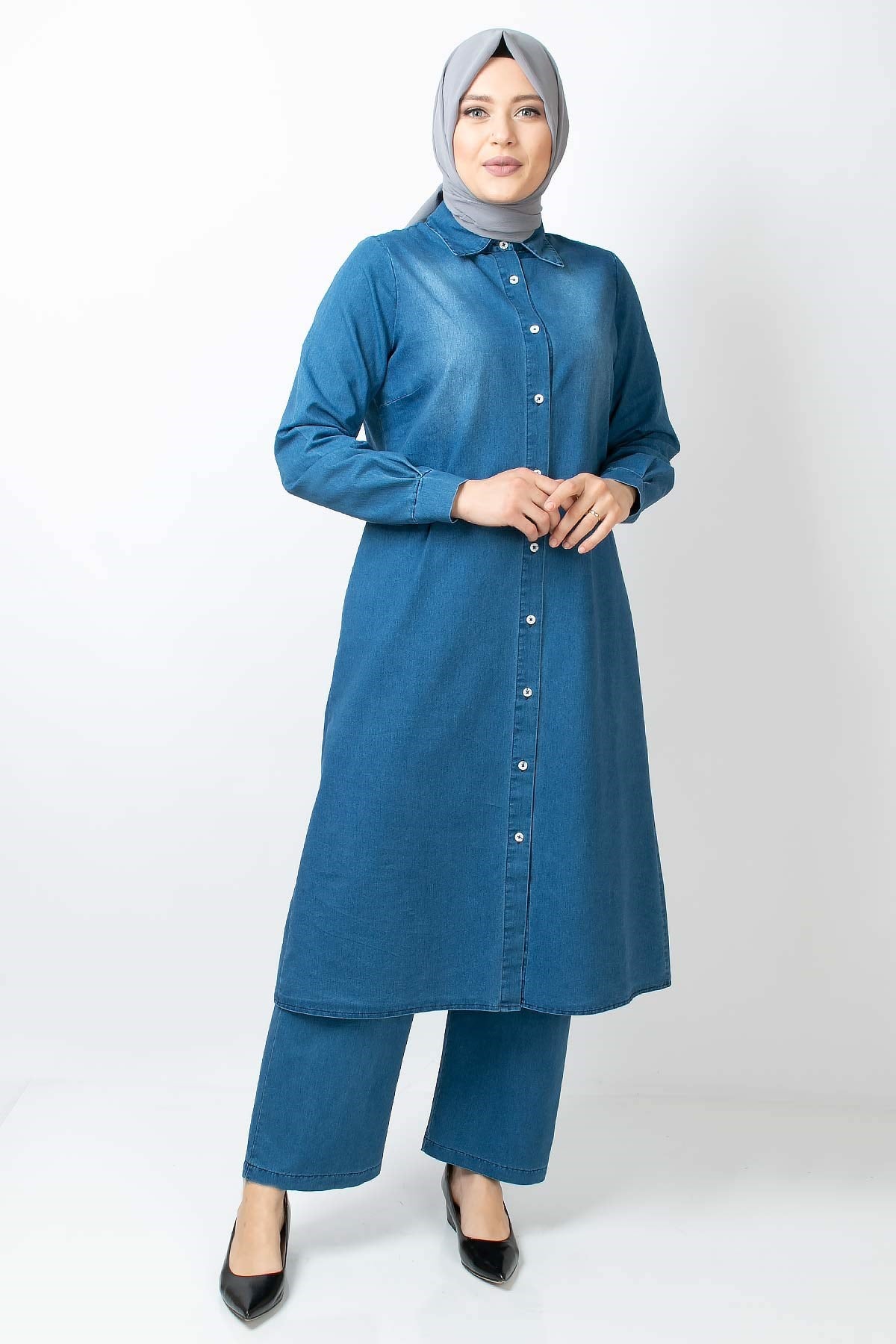 Tunic - Pants - 2 Piece Suit - Denim - Unlined - Crew Neck - Blue - FHM719FHM719-MAVİFahima