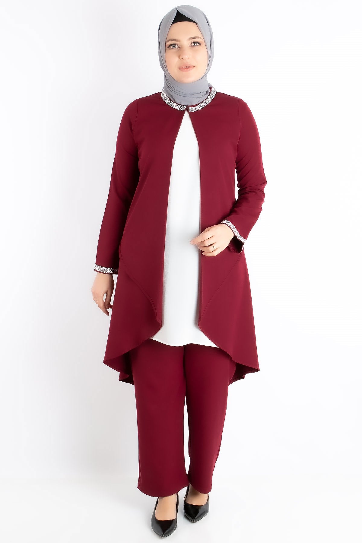 Jacket - Tunic - Trousers - 2 Piece Suits - Crepe - Unlined - Crew Neck - Plum - FHM727FHM727-MÜRDÜMFahima