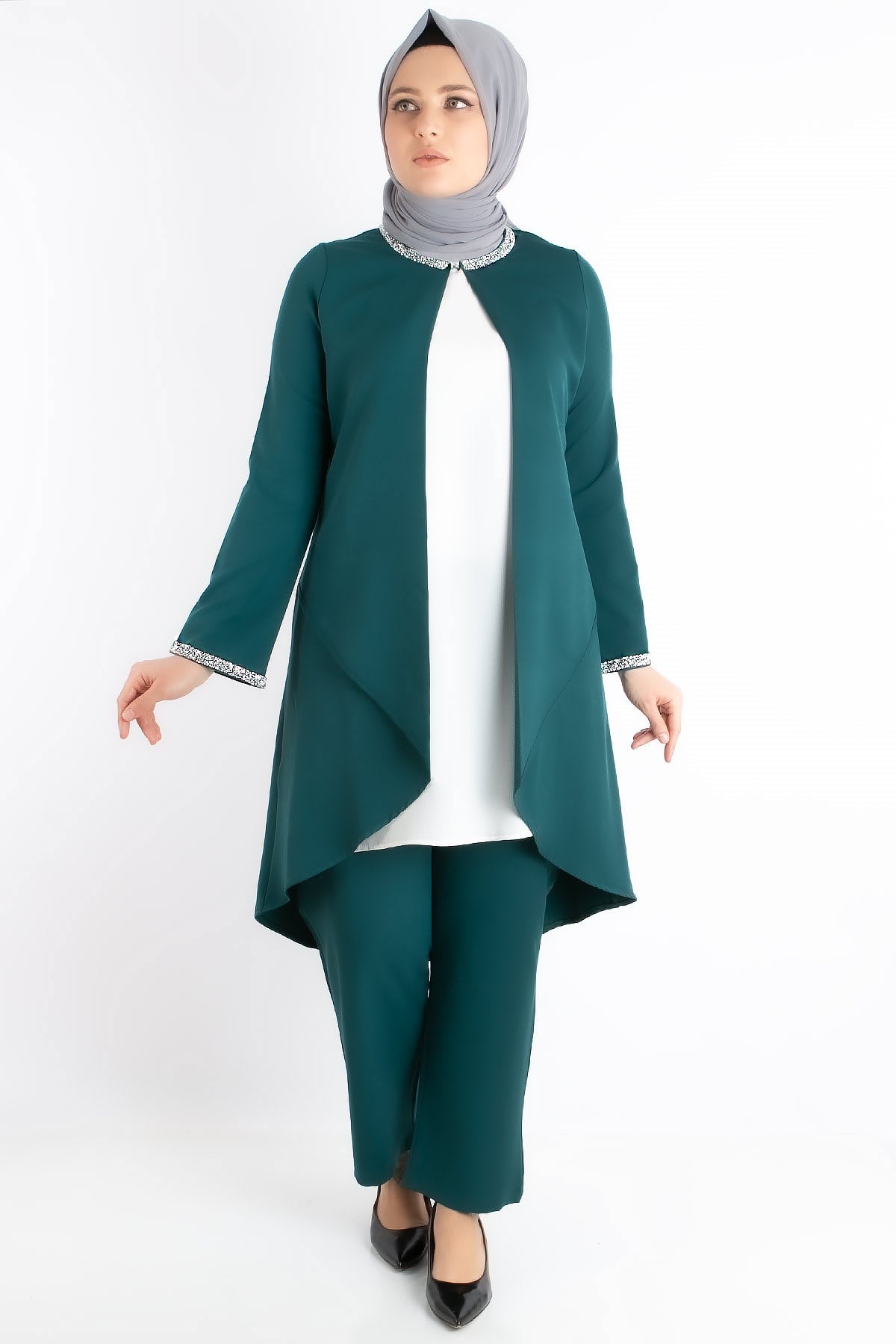 Jacket - Tunic - Trousers - 2 Piece Suits - Crepe - Unlined - Crew Neck - Petrol - FHM727FHM727-PETROLFahima