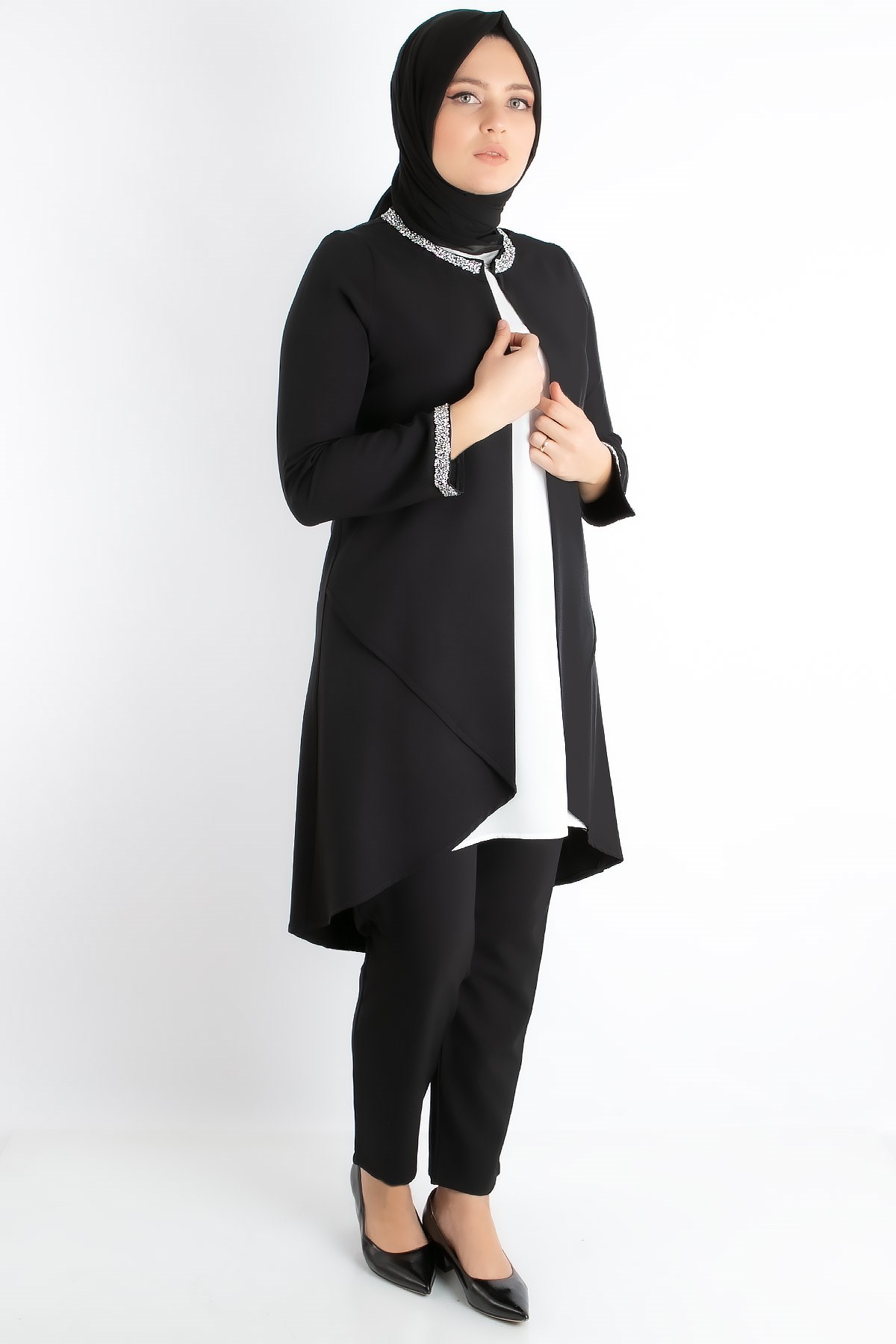 Jacket - Tunic - Trousers - 2 Piece Suits - Crepe - Unlined - Crew Neck - Black - FHM727FHM727-SİYAHFahima