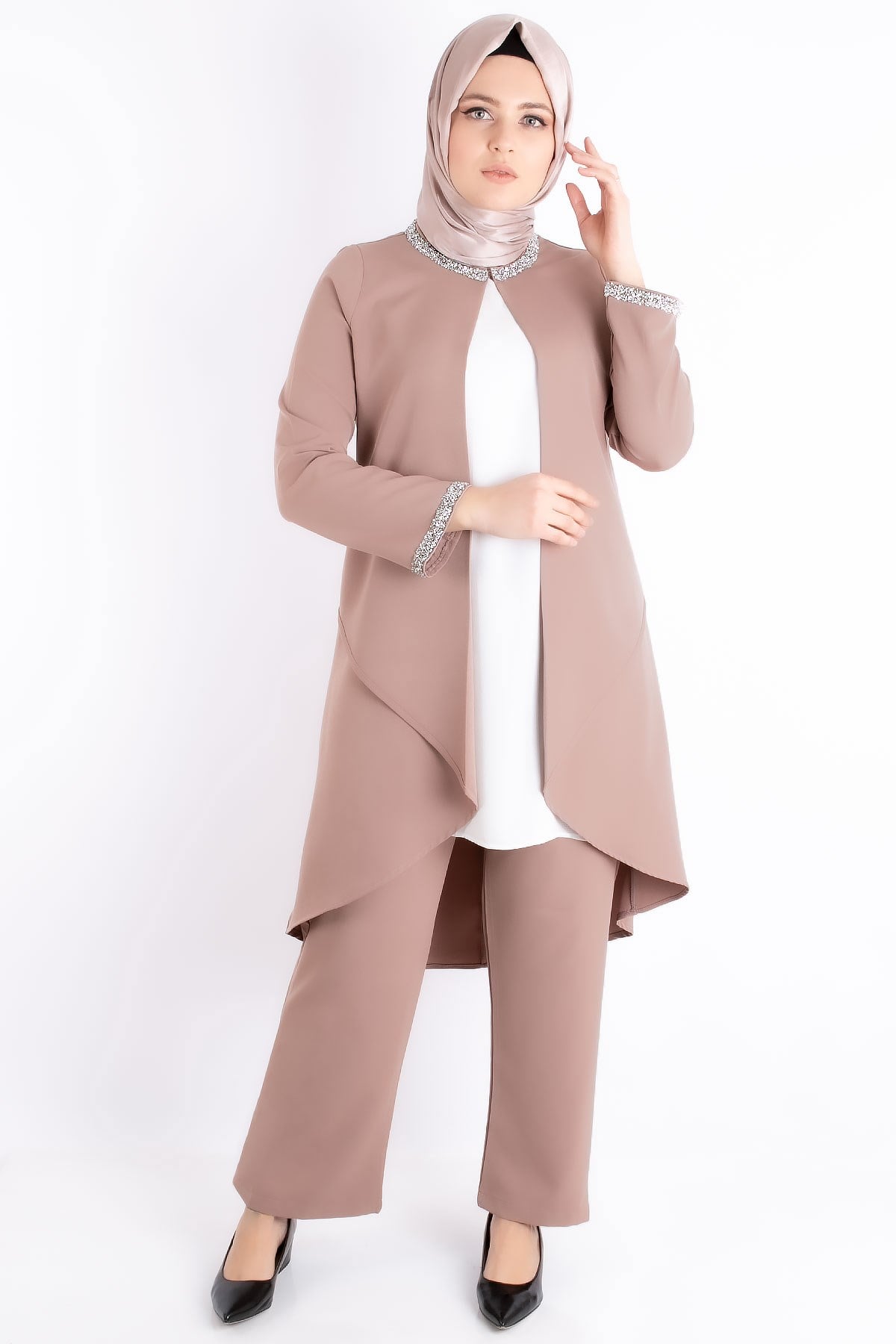 Jacket - Tunic - Trousers - 2 Piece Suits - Crepe - Unlined - Crew Neck - Mink - FHM727FHM727-VİZONFahima