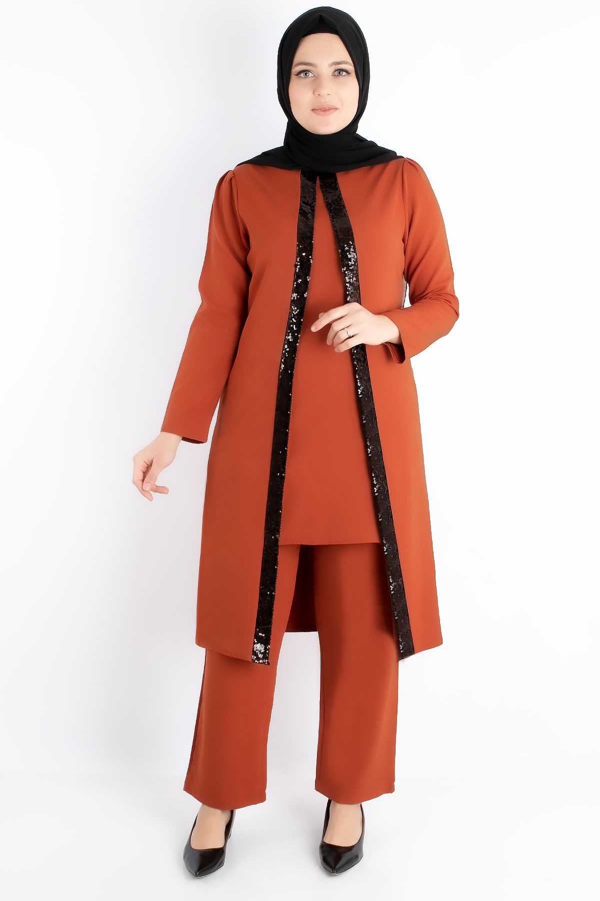Tunic - Trousers - Crepe - Sequin Striped - Unlined - Crew Neck - Brick - FHM734FHM734-KİREMİTFahima