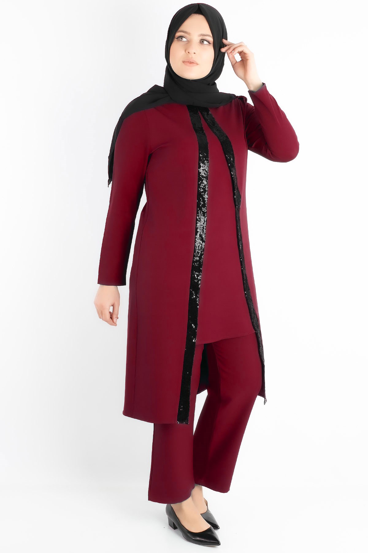 Tunic - Pants - Crepe - Sequin Striped - Unlined - Crew Neck - Plum - FHM734FHM734-MÜRDÜMFahima
