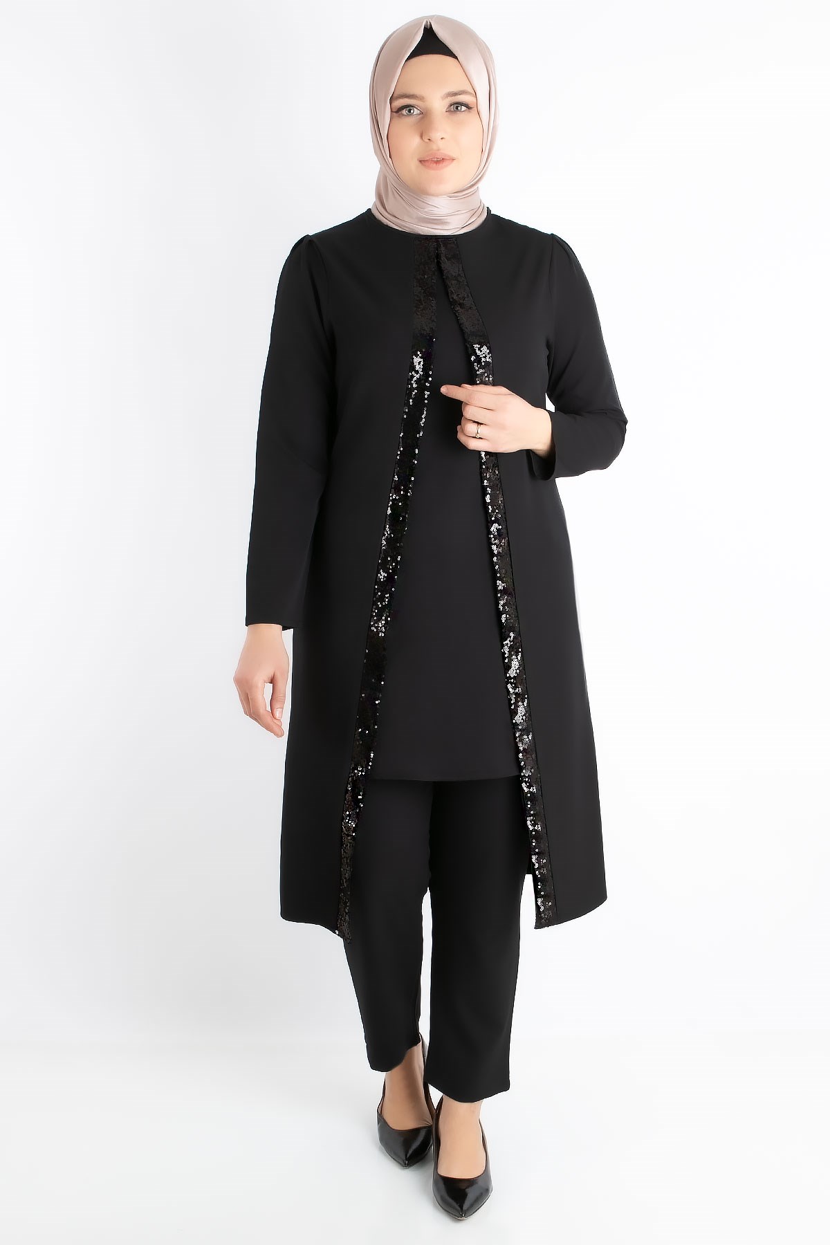 Tunic - Pants - Crepe - Sequin Striped - Unlined - Crew Neck - Black - FHM734FHM734-SİYAHFahima