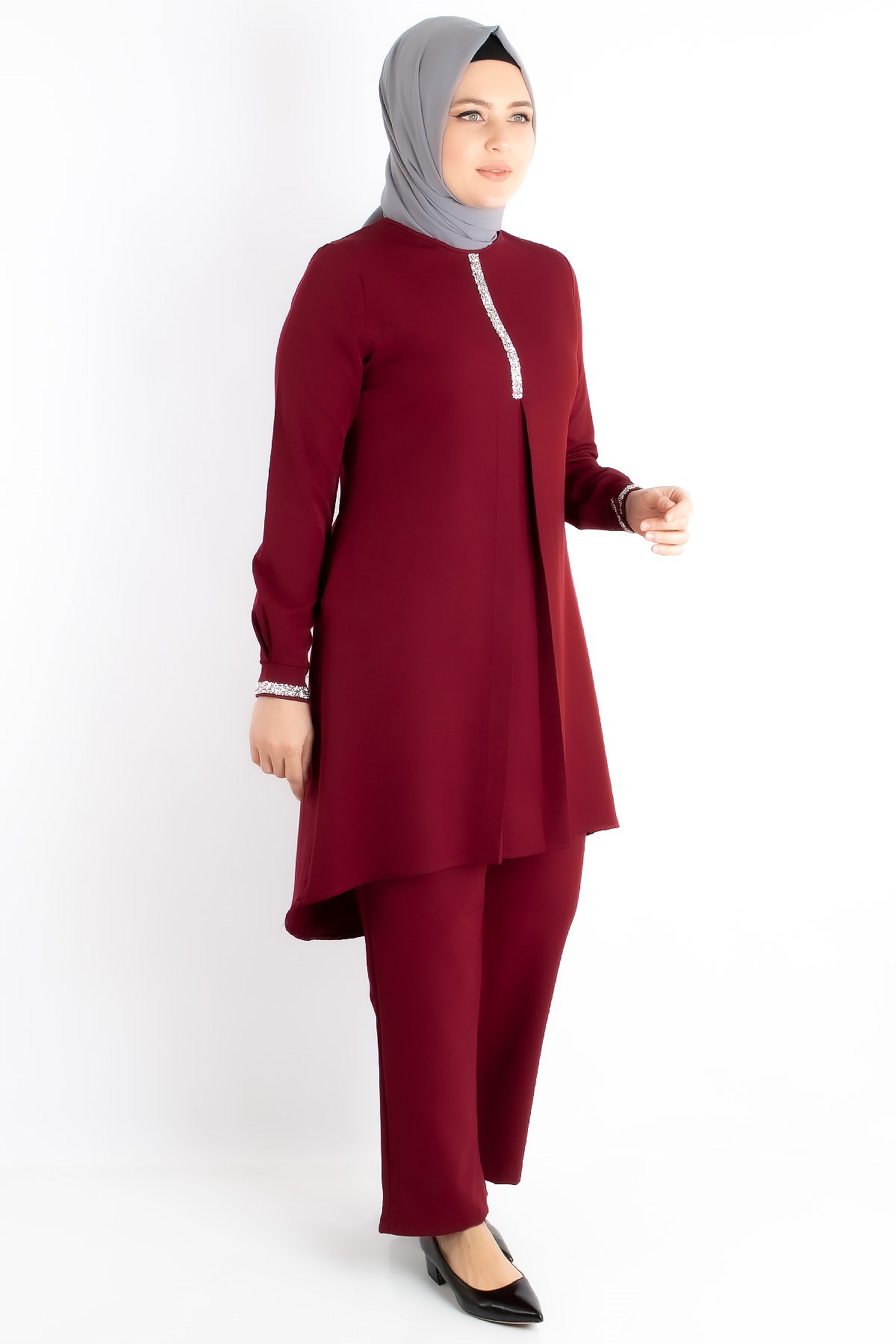 Tunic - Pants - Crepe - Unlined - Crew Neck - Plum - FHM735FHM735-MÜRDÜMFahima