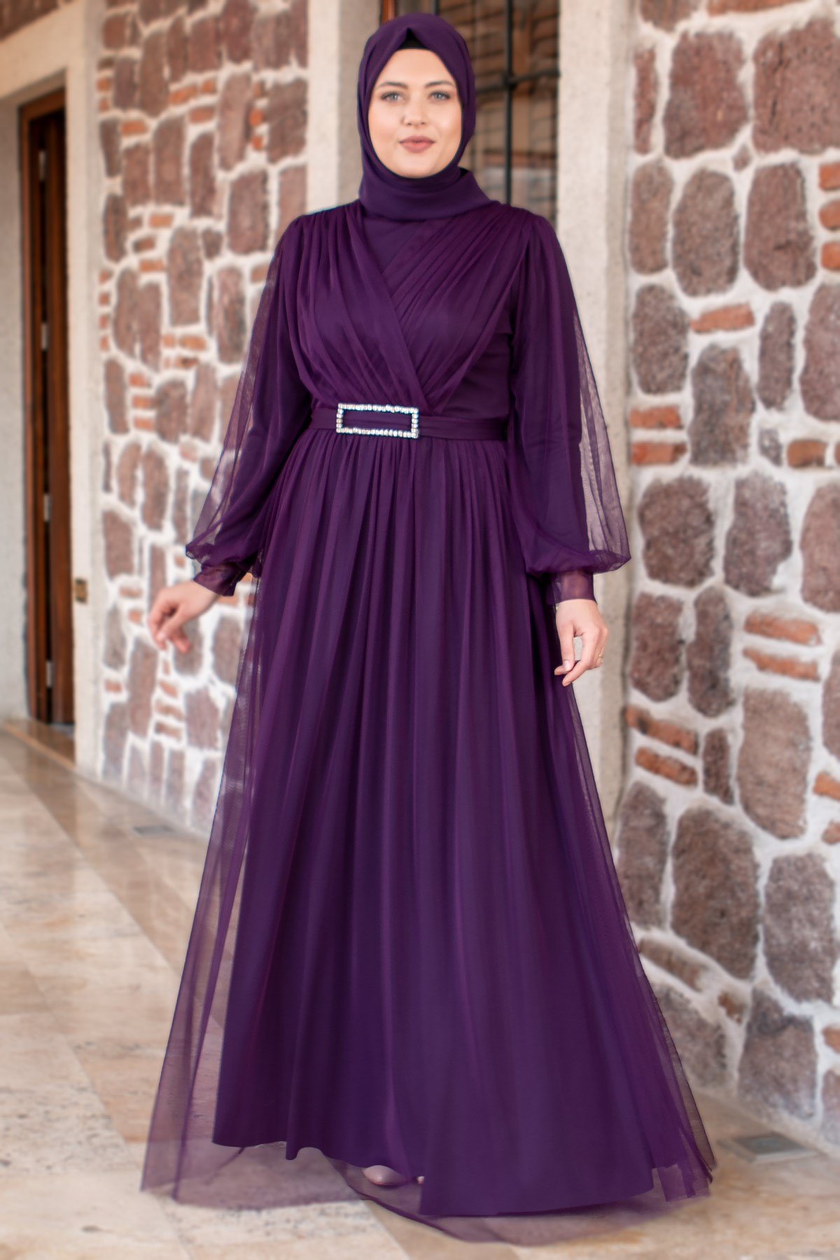 Kemer Detaylı Tül Abiye Elbise Mor FHM777 | Bahyezen