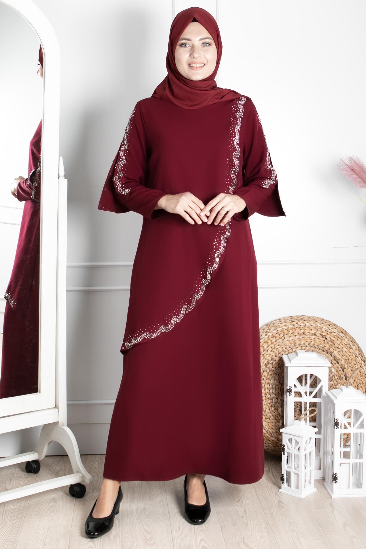 Stone Print Detailed Evening Dress Plum FHM824FHM824-MÜRDÜMFahima