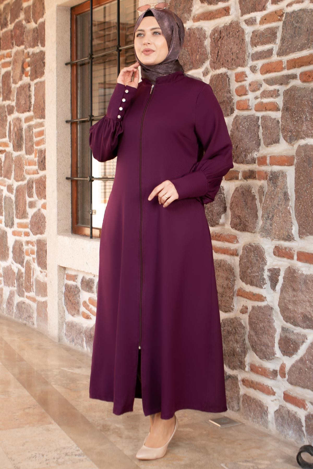 DÜĞME DETAYLI FERMUARLI FERACEFHM828-MÜRDÜMFahima