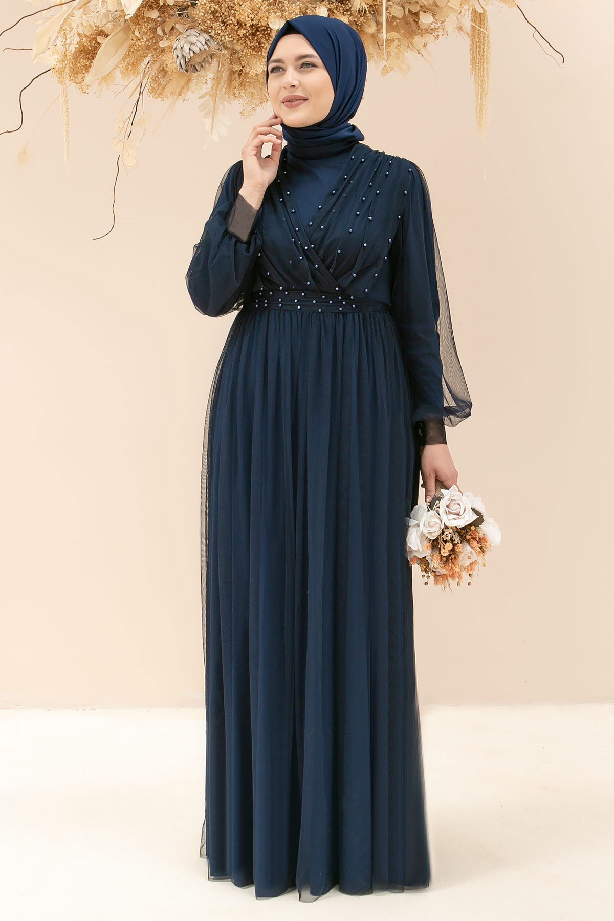 Robe de soirée en tulle avec pierre perlée Bleu Marin FHM830FHM830-LACİVERTFahima