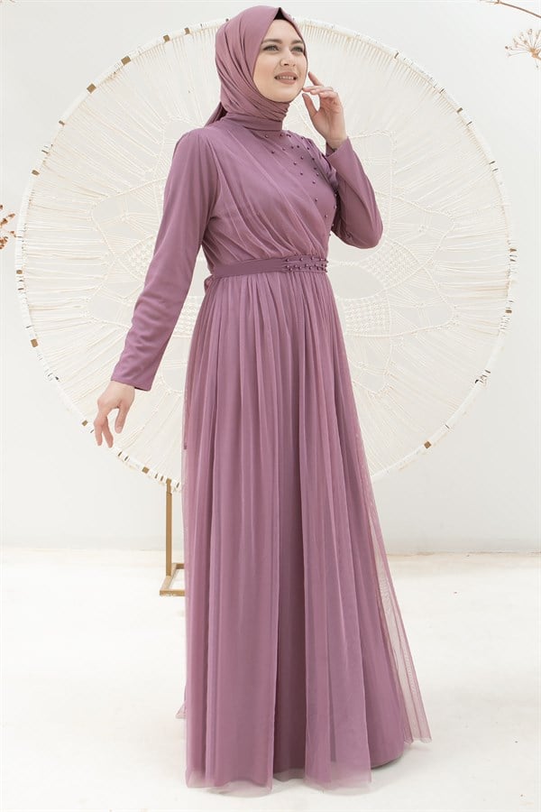 Perlendetailliertes gewölbtes Tüll-Abendkleid Kleid Flieder FHM831FHM831-LİLAFahima