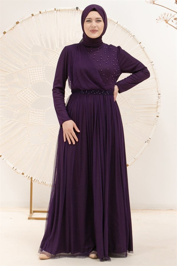 Perlendetailliertes gewölbtes Tüll-Abendkleid Kleid Violett FHM831FHM831-MORFahima