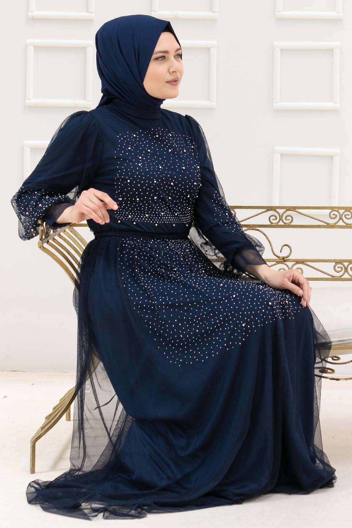 Tül Taş İnci Detaylı Abiye Lacivert  FHM832FHM832-LACİVERTFahima