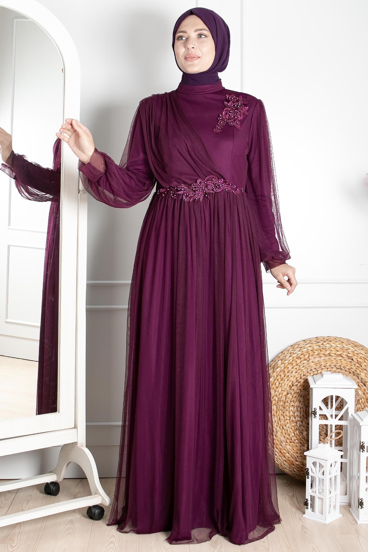 Tulle Evening Dresses with Guipure Plum FHM844FHM844-MÜRDÜMFahima