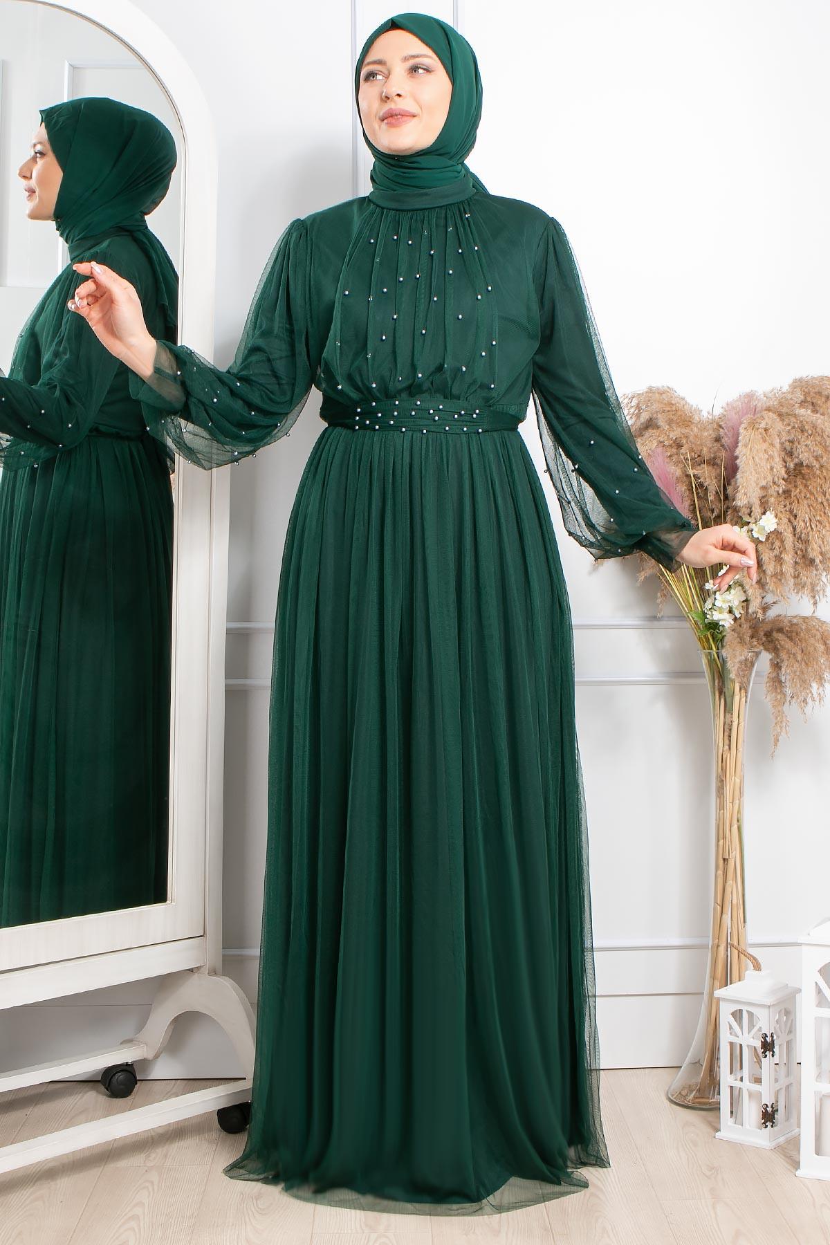 Pearl Stone Detailliertes Abendkleid aus Tüll Emerald FHM846FHM846-ZÜMRÜTFahima