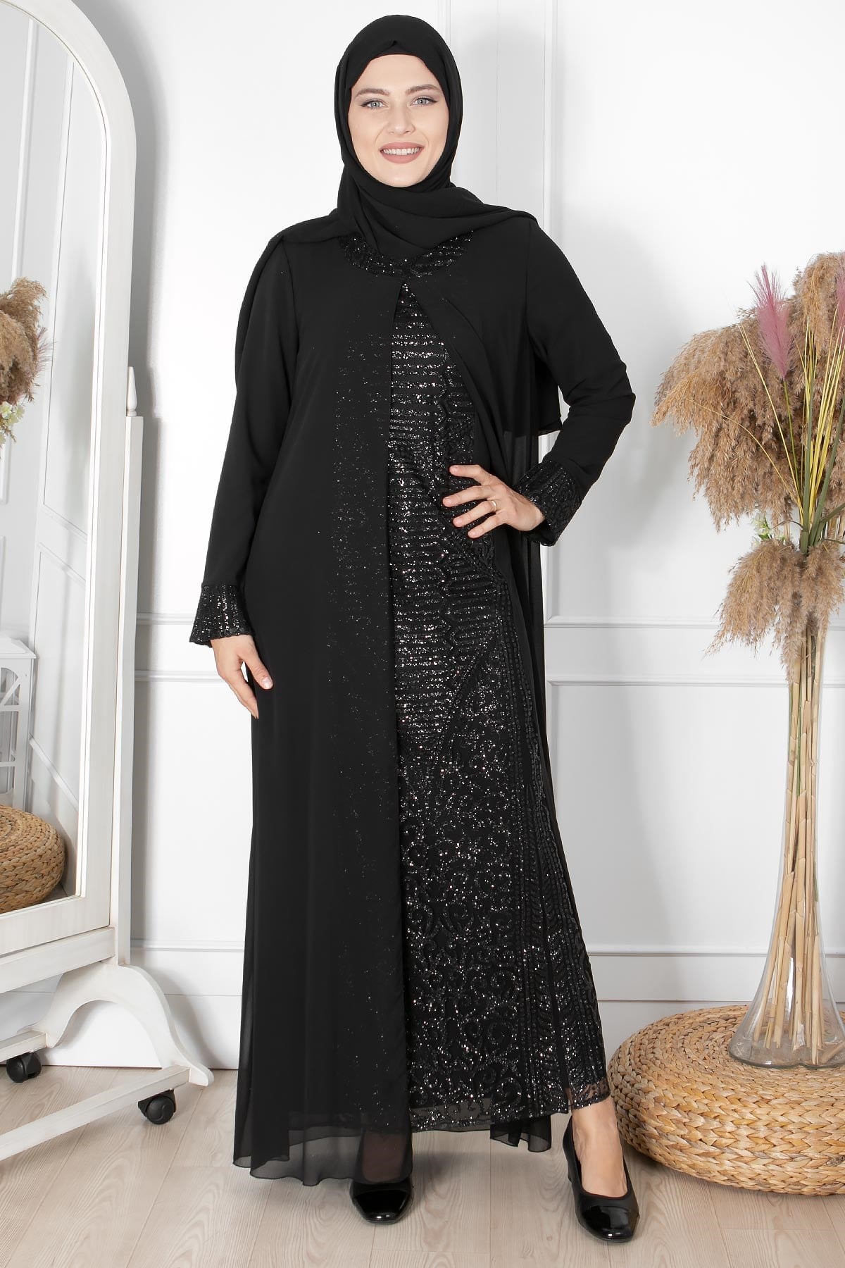 Sim Detaylı Desenli Abiye Siyah FHM852FHM852-SİYAHFahima