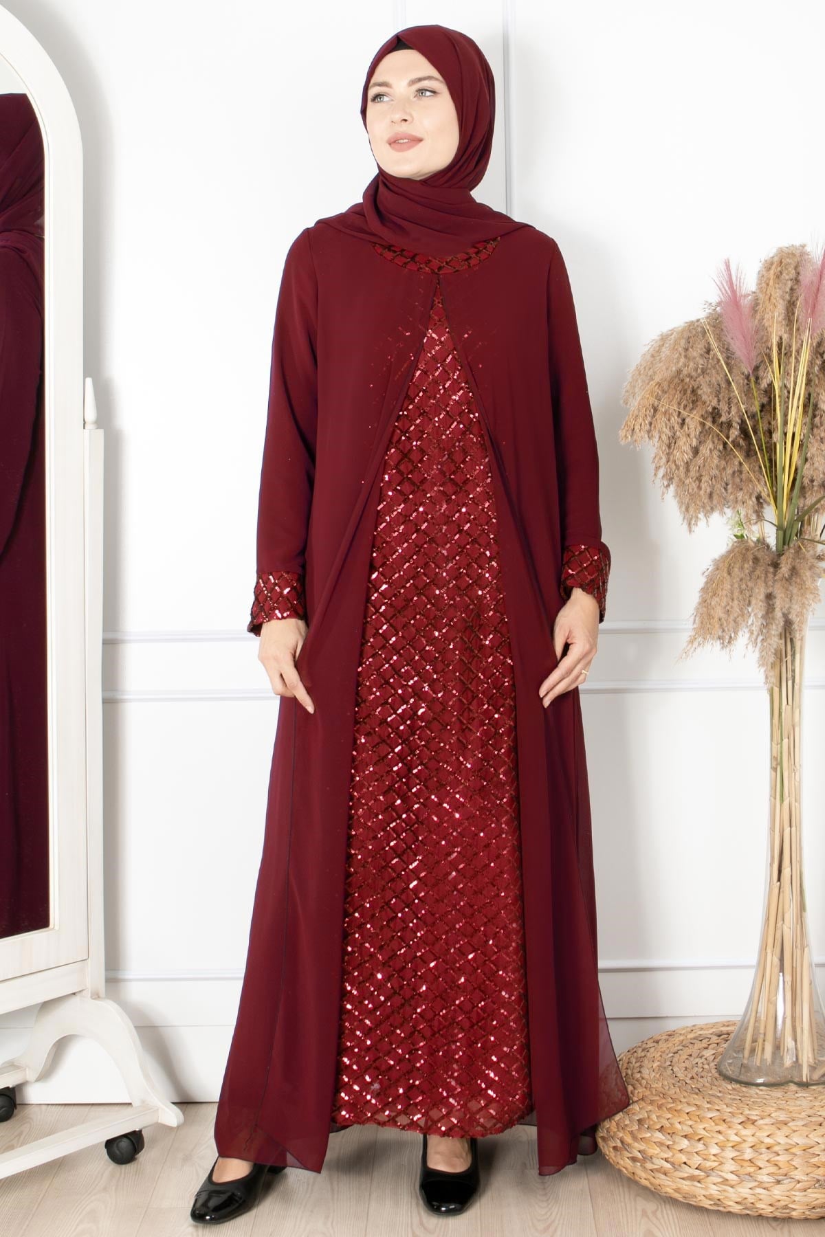 PELERİNLİ PAYET DETAYLI ABİYE FHM854-BORDOFahima