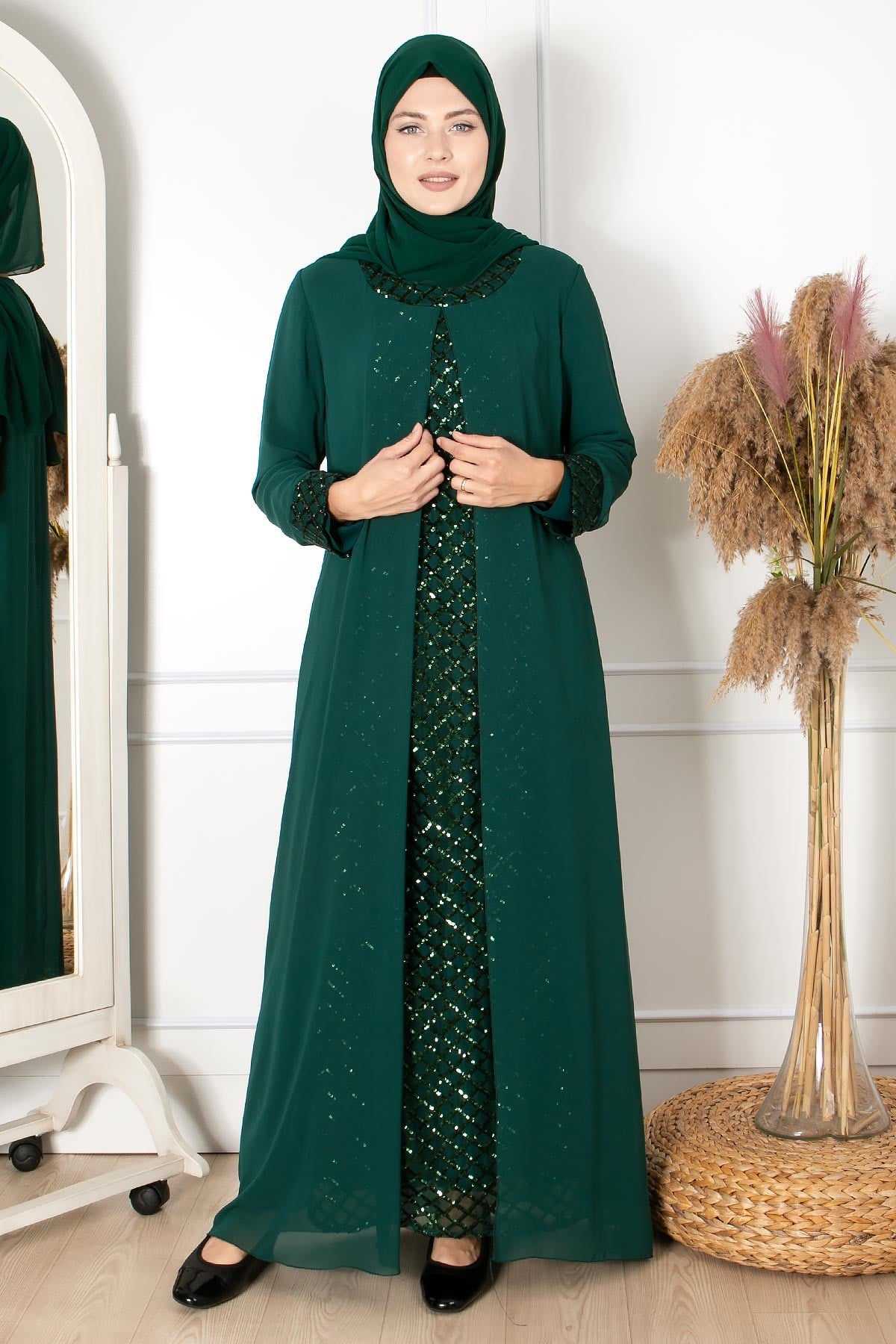 Pelerinli Payet Detaylı Abiye Zümrüt FHM854FHM854-ZÜMRÜTModavina