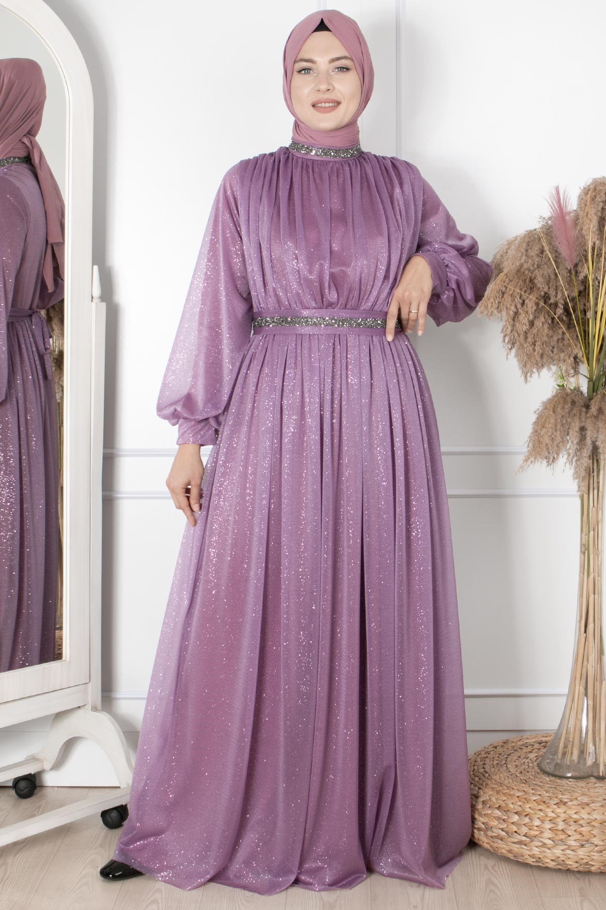 TAŞ İŞLEMELİ SİMLİ TÜL ABİYEFHM858-LİLAFahima