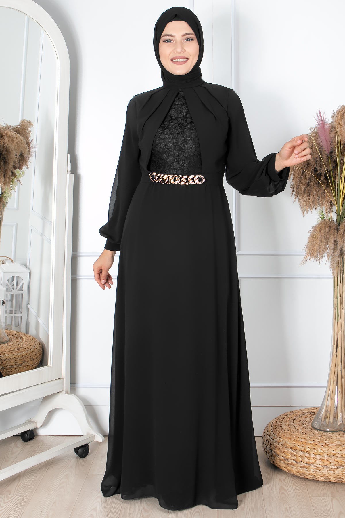 ZİNCİR KEMER DETAYLI ABİYEFHM860-SİYAHFahima