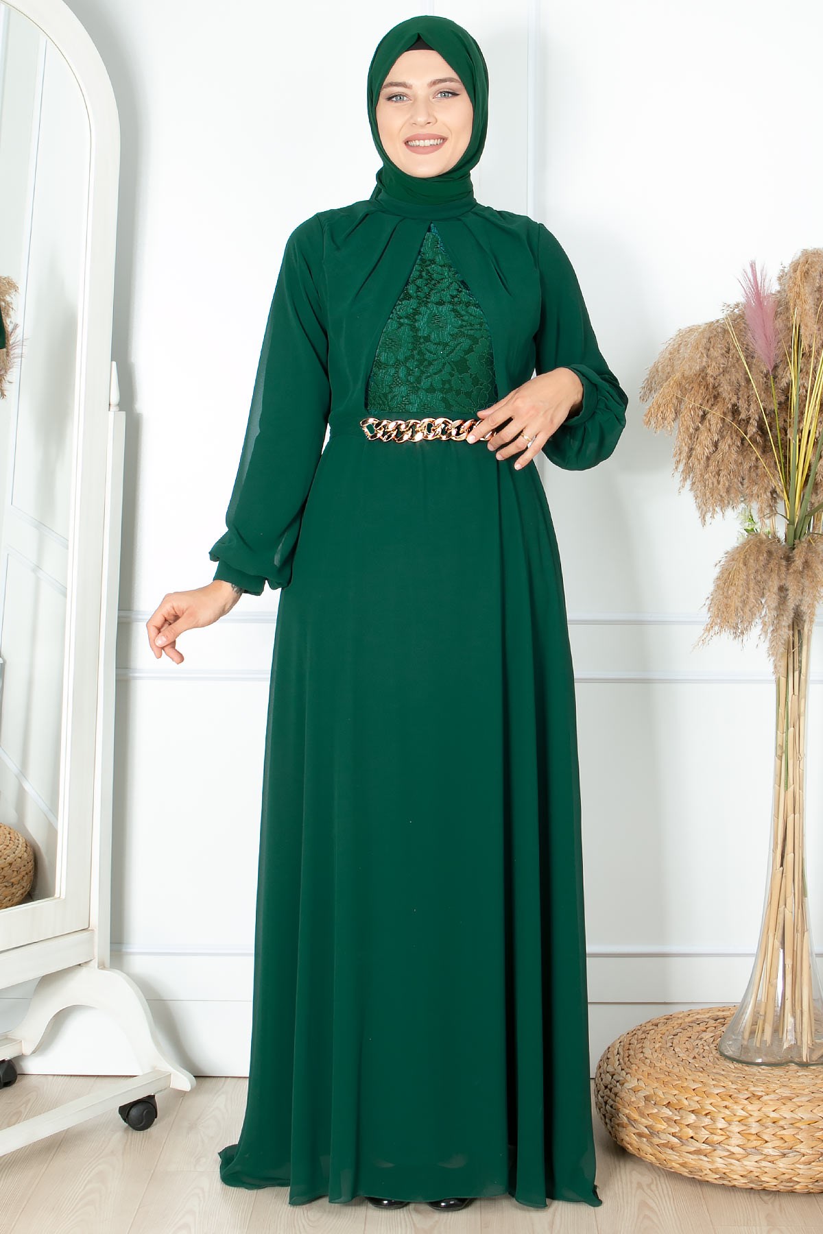 ZİNCİR KEMER DETAYLI ABİYEFHM860-ZÜMRÜTFahima