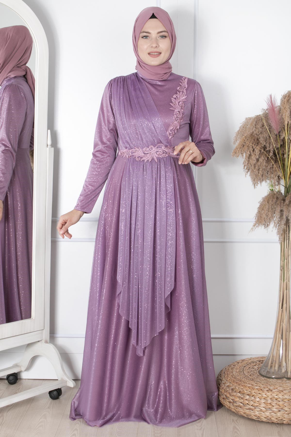 Güpür Detaylı Simli AbiyeFHM862-LİLAFahima