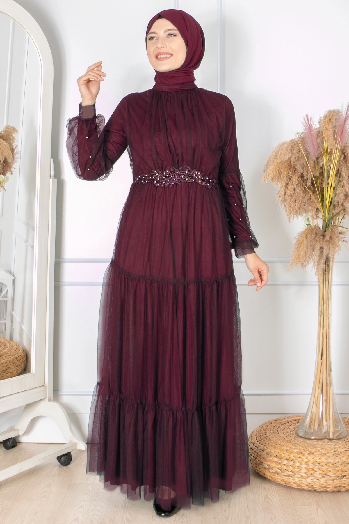 FIRFIR GÜPÜR İŞLEMELİ TÜL ABİYEFHM864-MÜRDÜMFahima