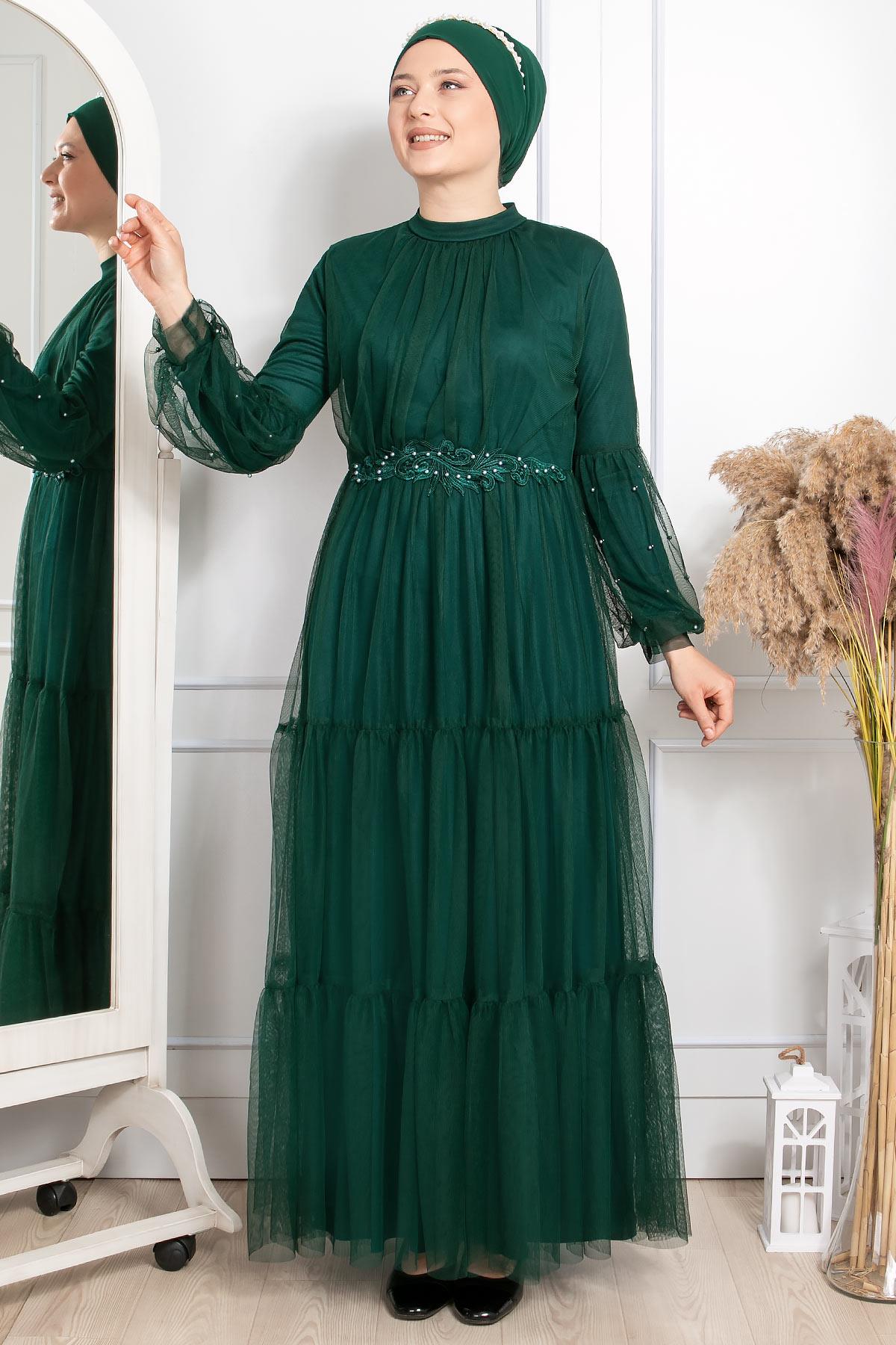 Frill Guipure Embroidered Tulle Evening Dress Emerald FHM864FHM864-ZÜMRÜTFahima