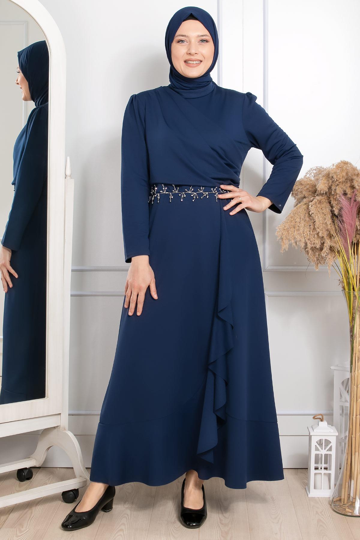 Fırfırlı Taş İşleme Detaylı Elbise Lacivert FHM874 > Bahyezen