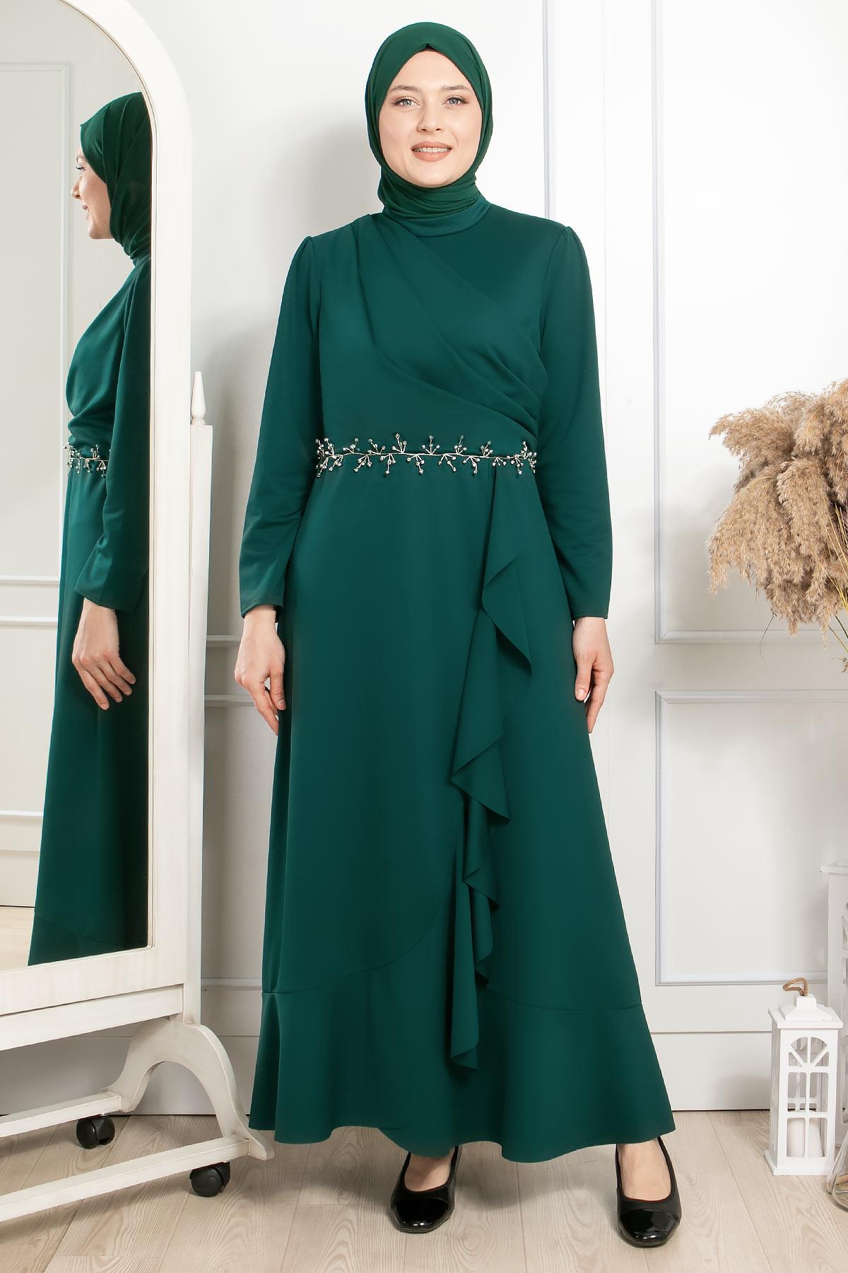 Fırfırlı Taş İşleme Detaylı Elbise Zümrüt FHM874 > Bahyezen
