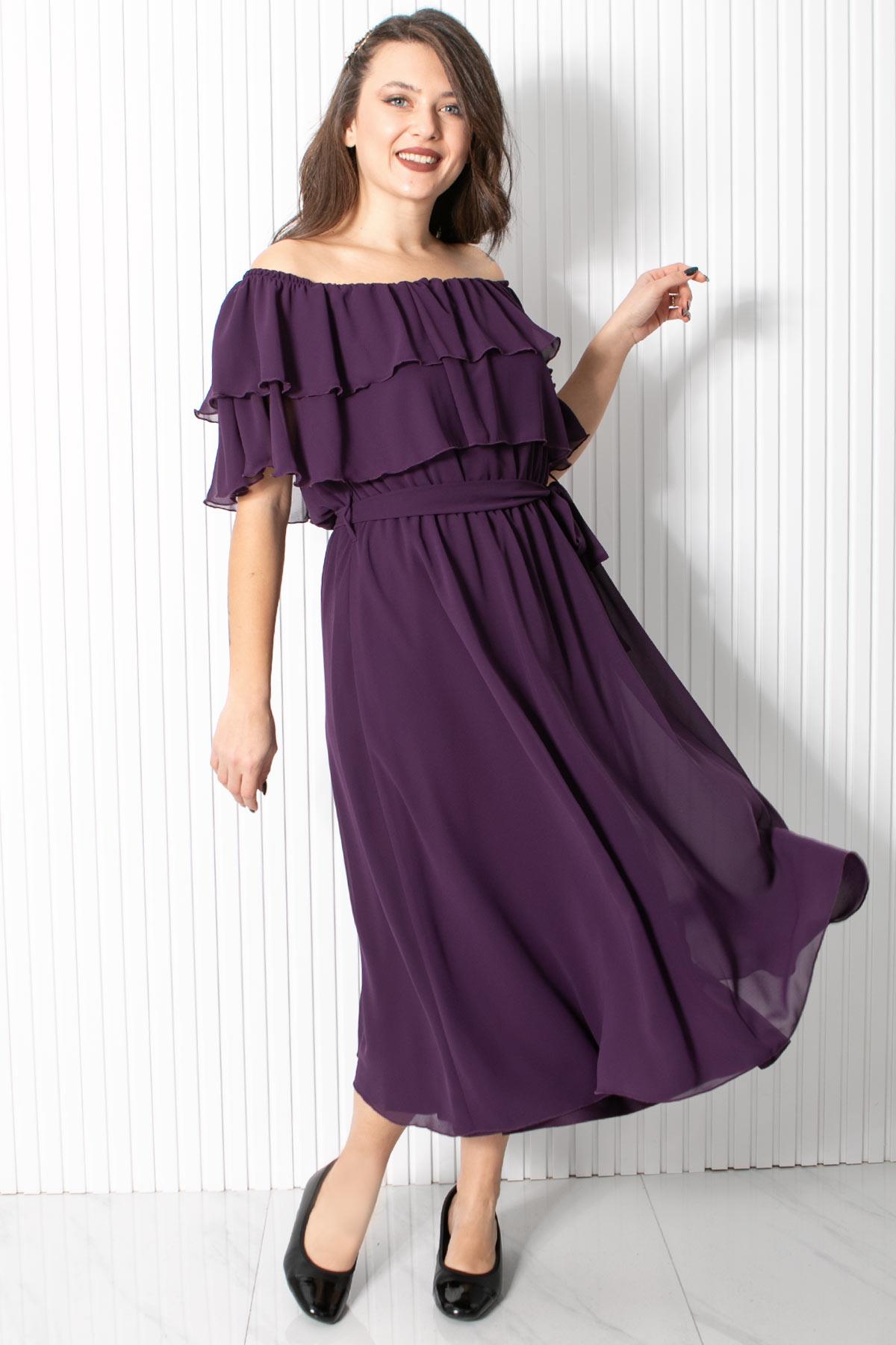 Karmen Yaka Şifon Abiye Elbise Mor FHM918FHM918-MORFahima