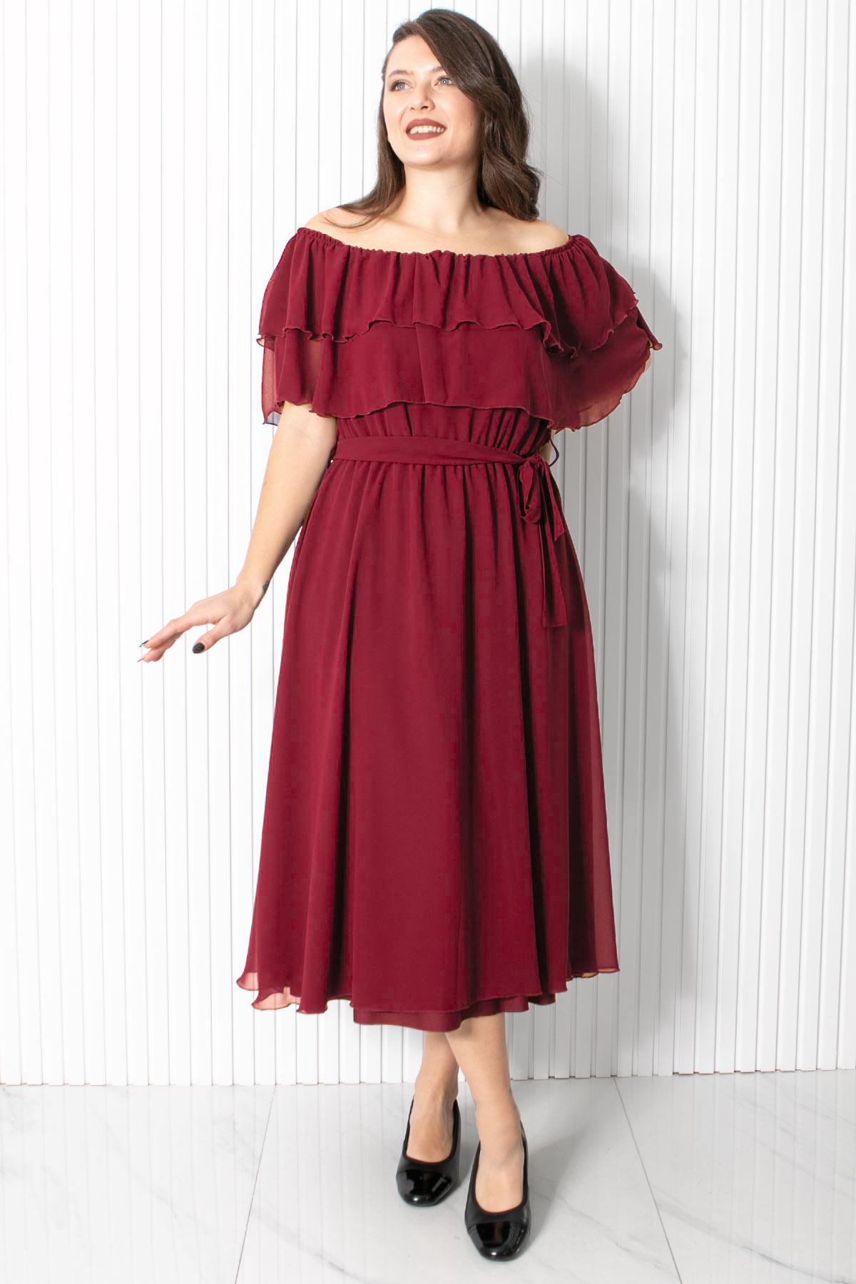 Karmen Yaka Şifon Abiye Elbise Mürdüm FHM918FHM918-MÜRDÜMFahima