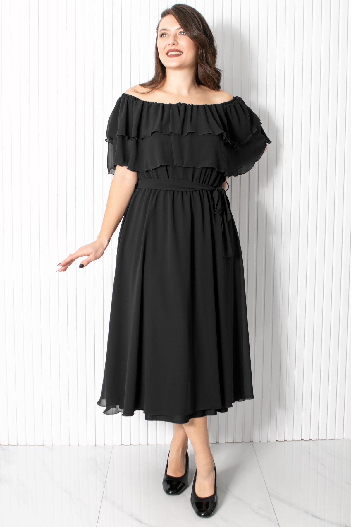 Karmen Yaka Şifon Abiye Elbise Siyah FHM918FHM918-SİYAHFahima