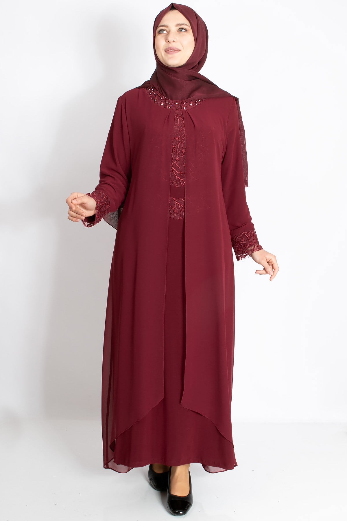 DANTEL İŞLEMELİ ELBİSEMDA2202-BORDOMDA