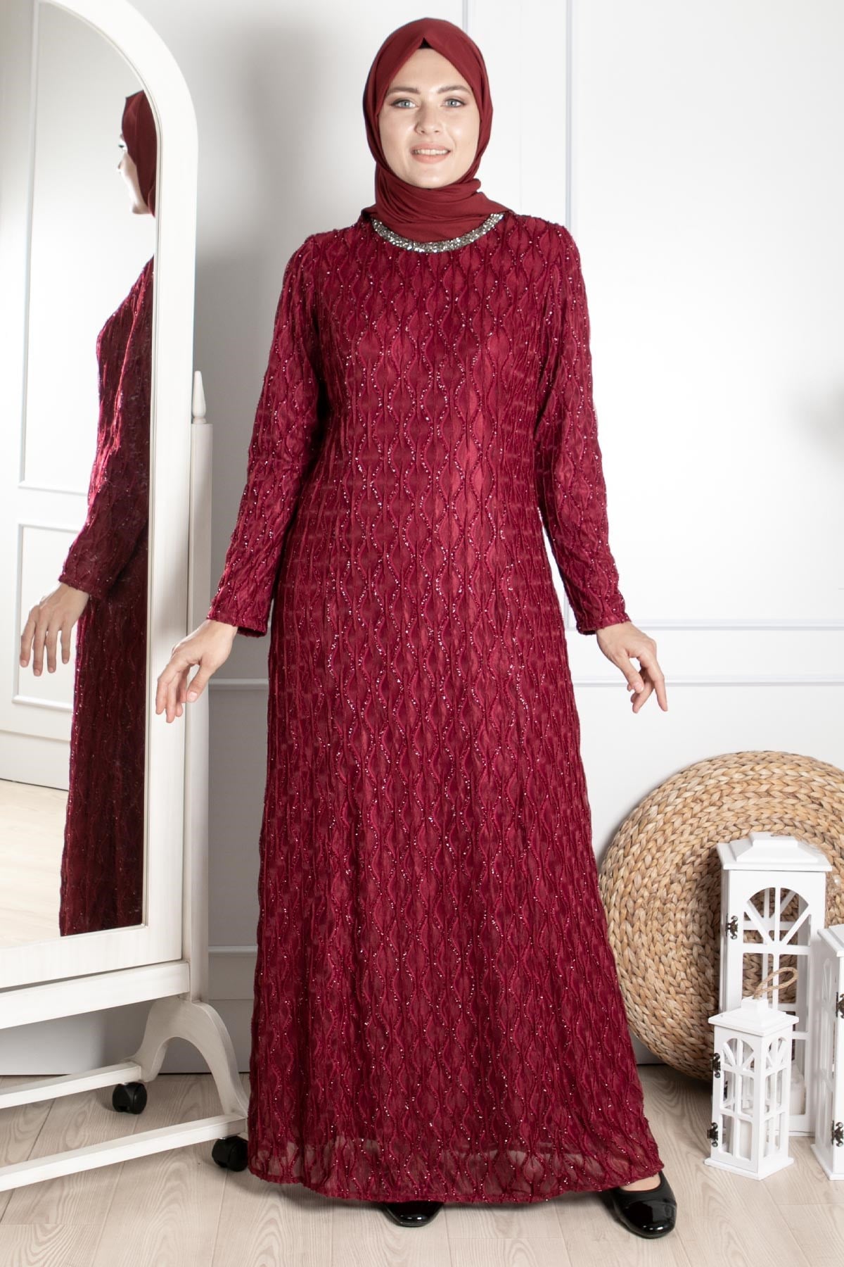 Stone Embroidered Detailed Silvery Evening DressClaret Red MDA2232MDA2232-BORDOMDA