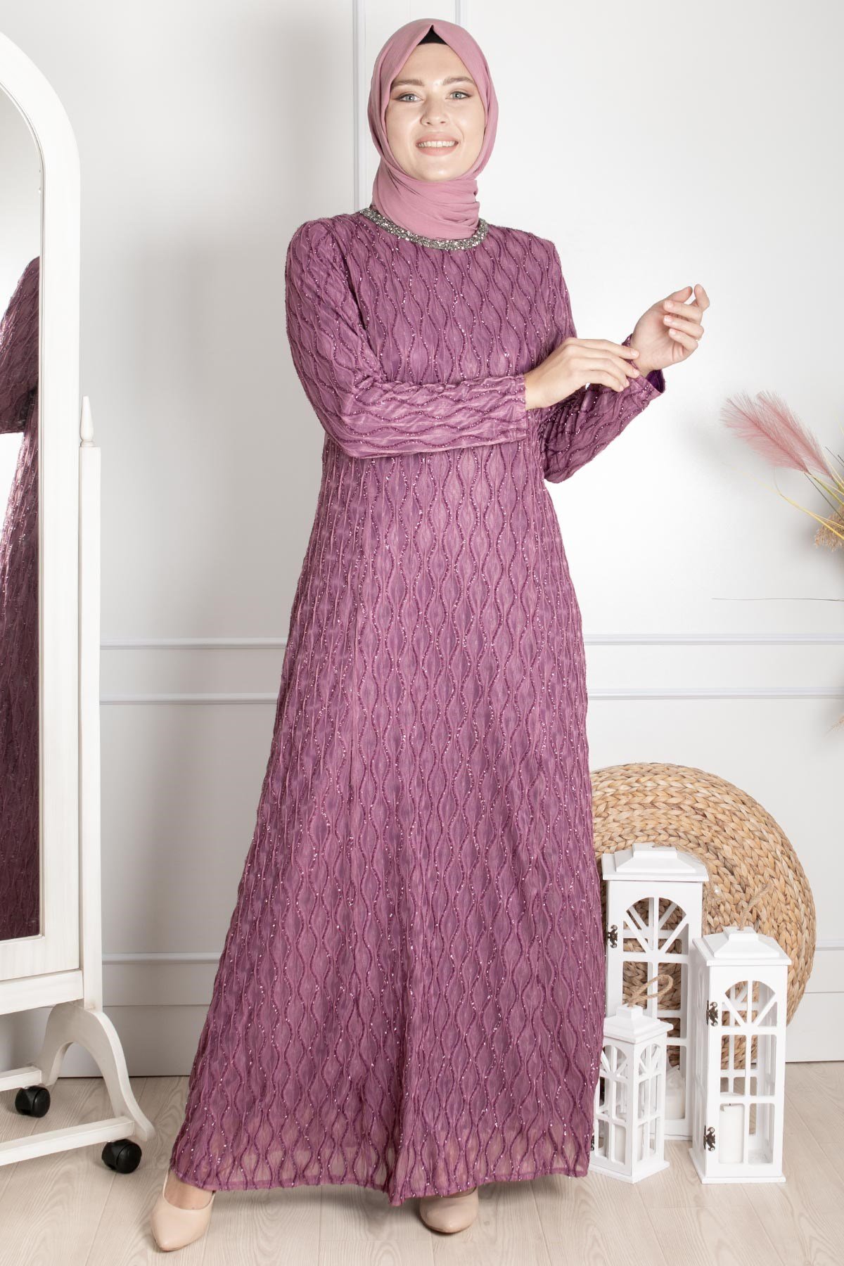 Taş İşleme Detaylı Simli Abiye Lila MDA2232MDA2232-LİLAMDA