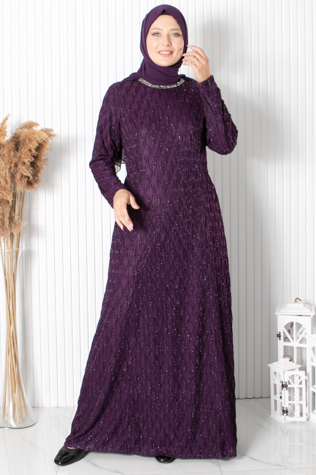 TAŞ İŞLEME DETAYLI SİMLİ ABİYEMDA2232-MÜRDÜMMDA