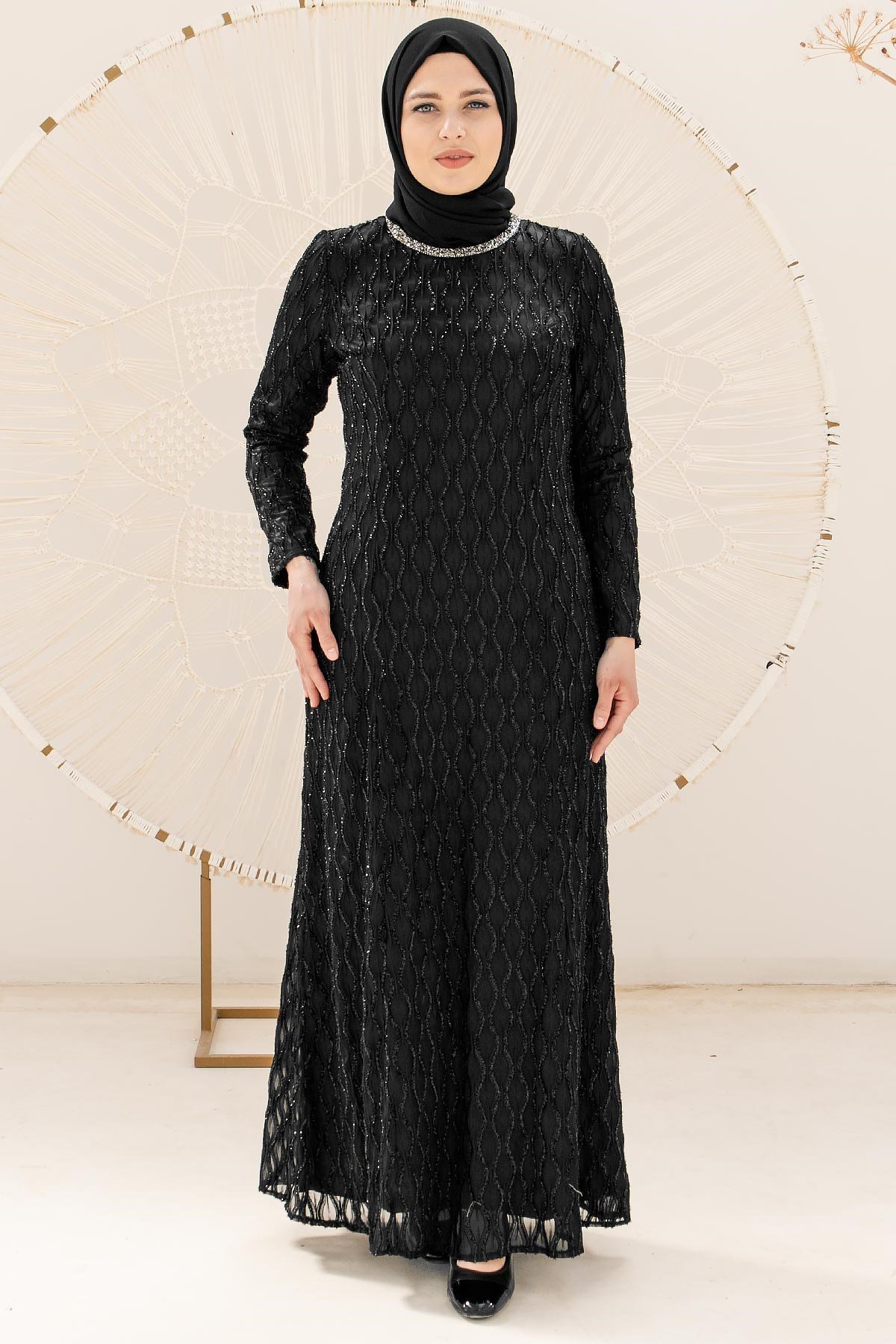 TAŞ İŞLEME DETAYLI SİMLİ ABİYEMDA2232-SİYAHMDA