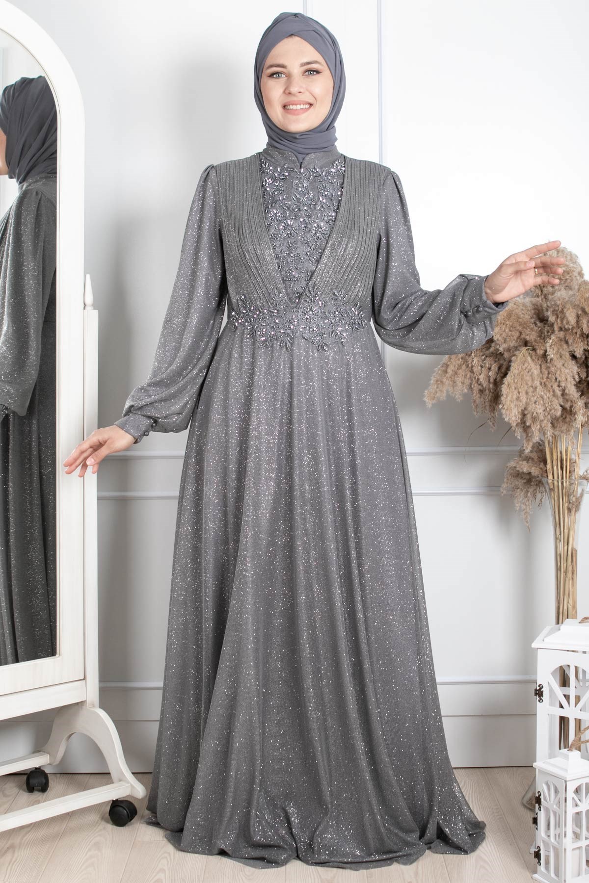 TAŞ İŞLEME DETAYLI SİMLİ ABİYEMDA2258-GÜMÜŞMDA