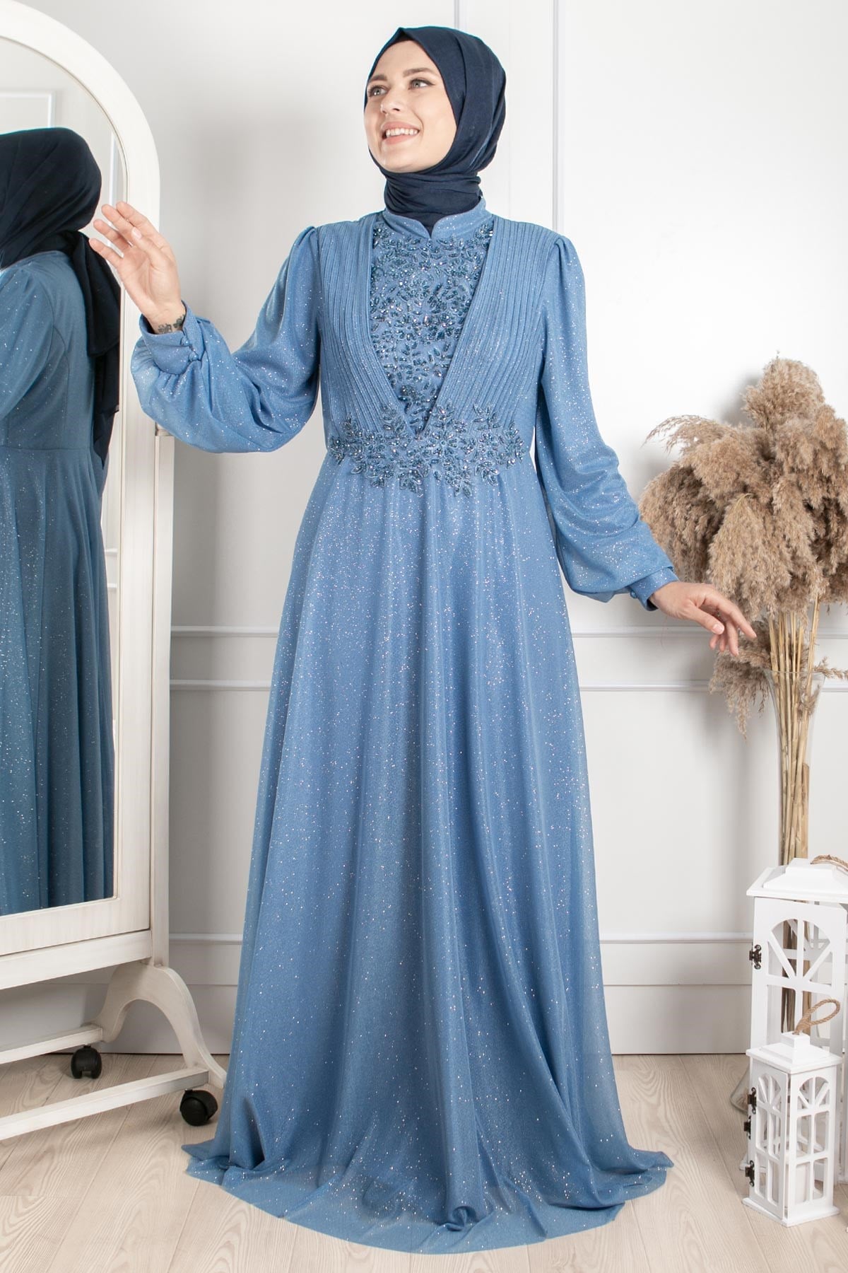 TAŞ İŞLEME DETAYLI SİMLİ ABİYEMDA2258-İNDİGOMDA