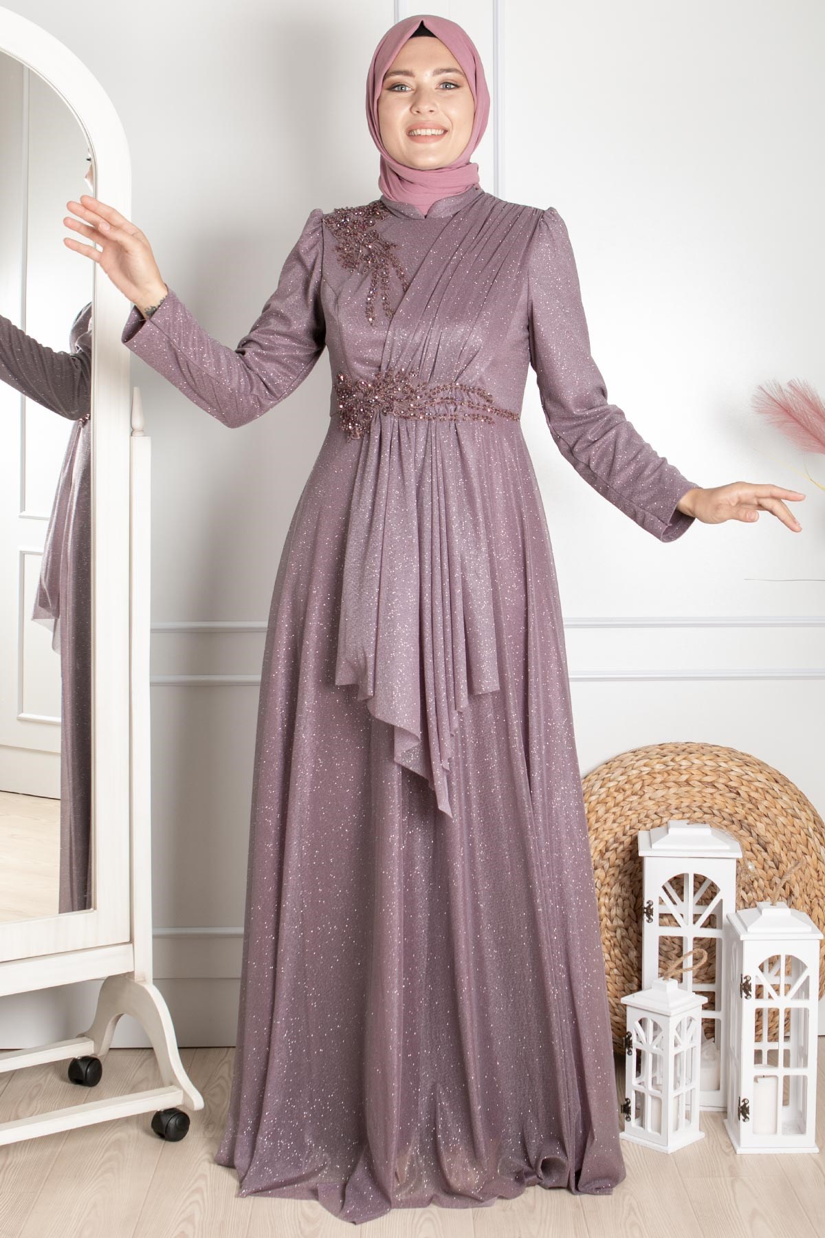 Guipure Detailed Silvery Evening Dress Lavander MDA2260MDA2260-LAVANTAMDA