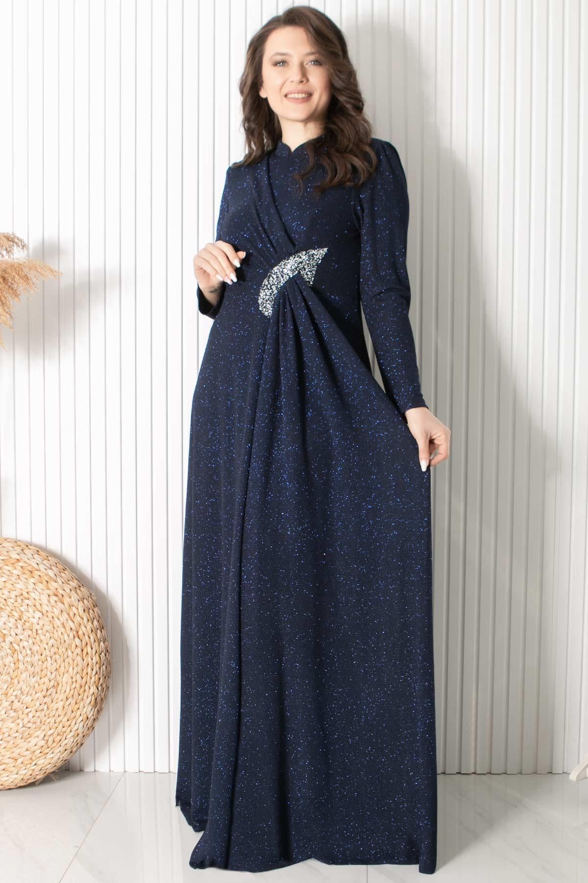 SİMLİ TAŞ BASKI DETAYLI ABİYEMDA2430-LACİVERTMDA