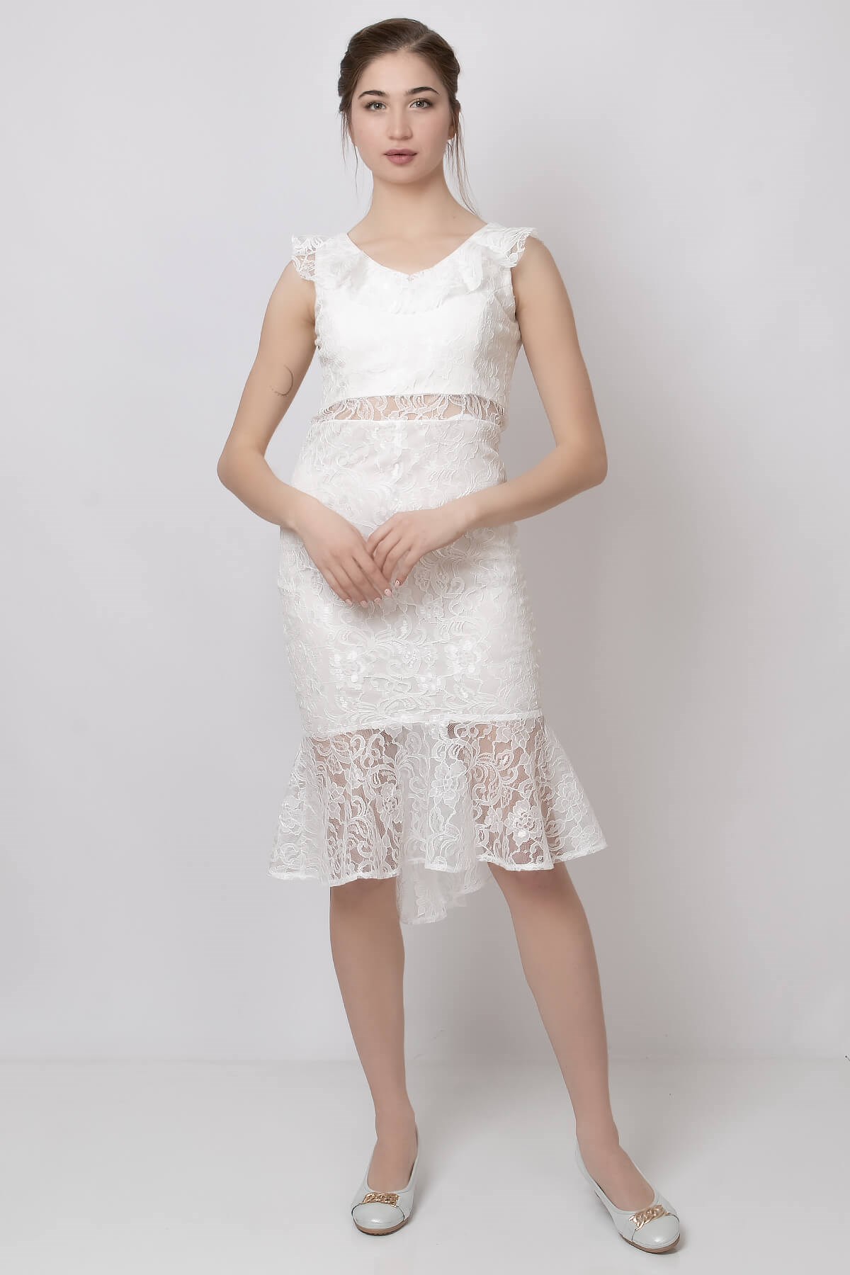 OMUZ ASKILI KOLSUZ MİDİ DANTEL ELBİSEMDV205-EKRUModaviki