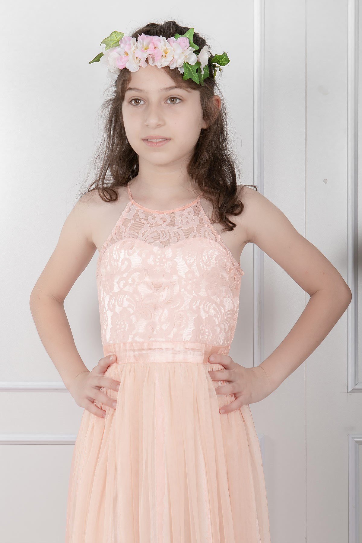 Robe de Soiree Enfant Tulle Detail Dentelle Saumon MDV302 Bahyezen