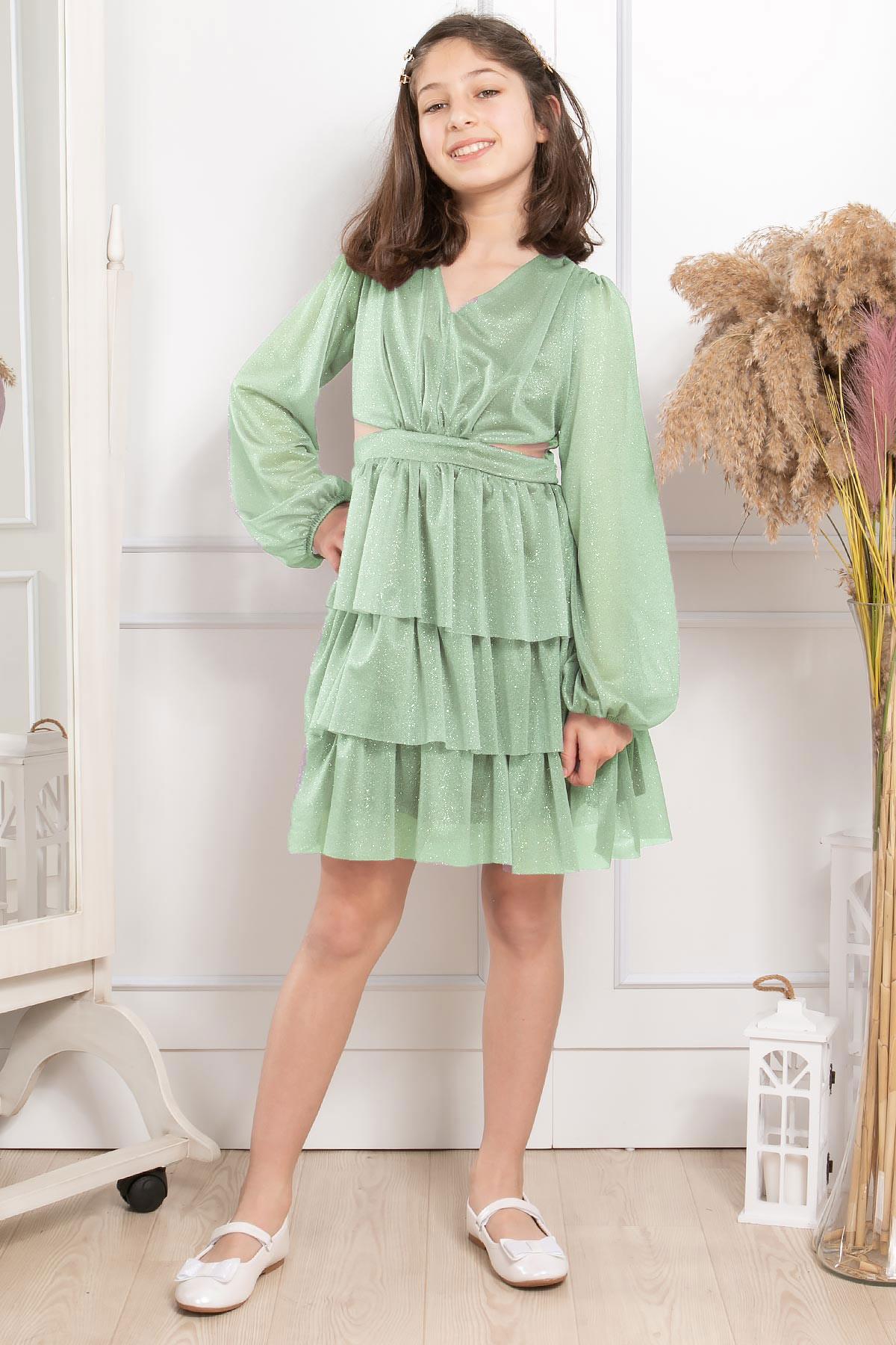 Fırfırlı Simli Tül Çocuk Abiye Çağla Yeşili MDV308MDV308-ÇAĞLA YEŞİLİModaviki