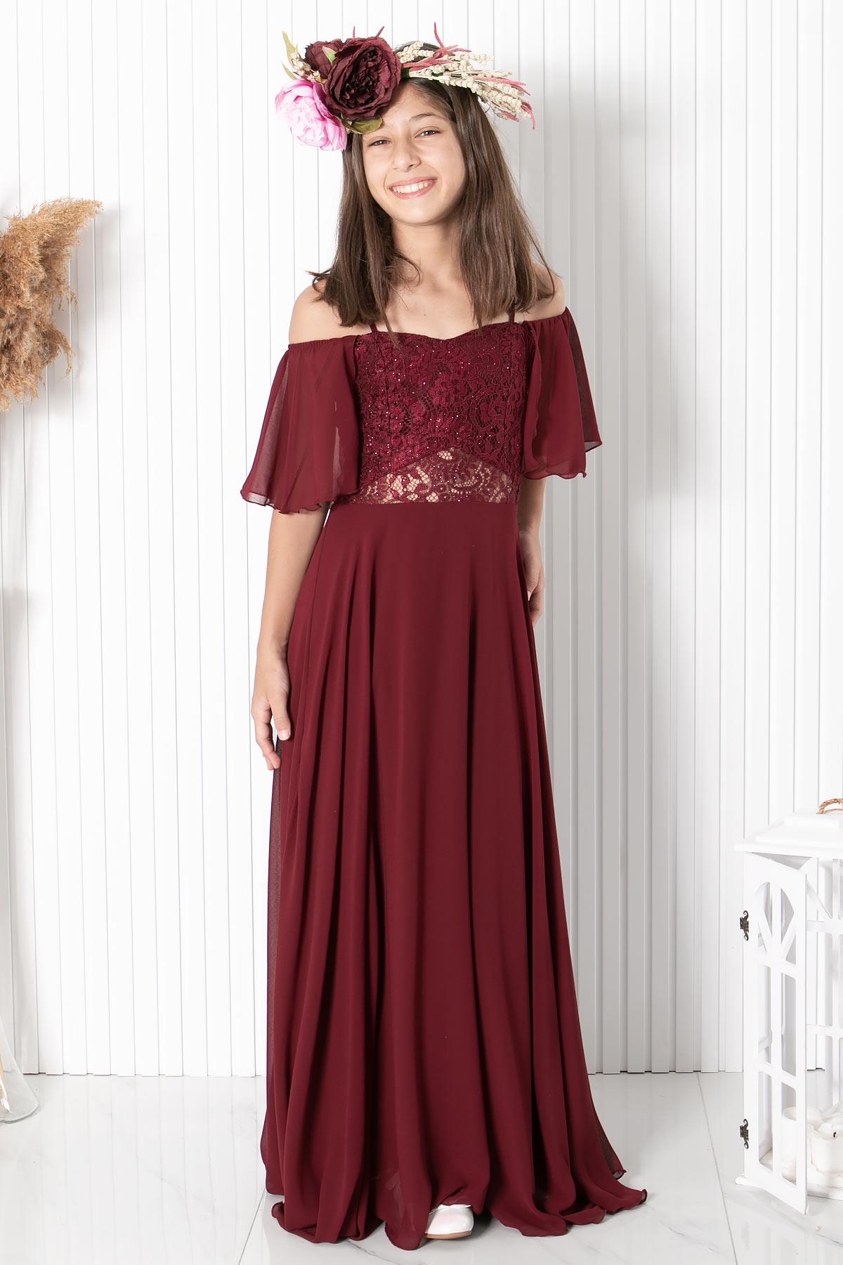 DANTELLİ ŞİFON ABİYEMDV330-BORDOModaviki