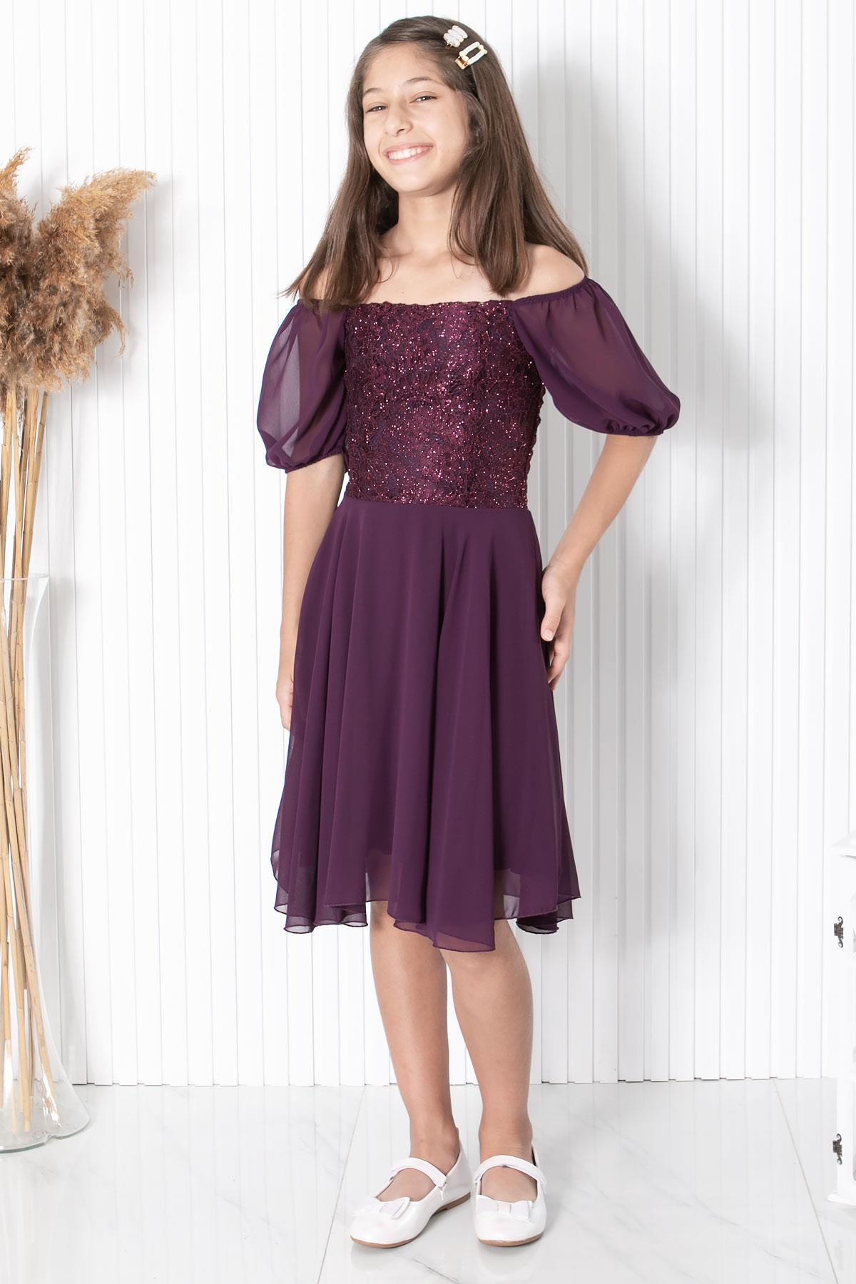 BALON KOL DETAYLI ŞİFON ABİYEMDV332-MÜRDÜMModaviki