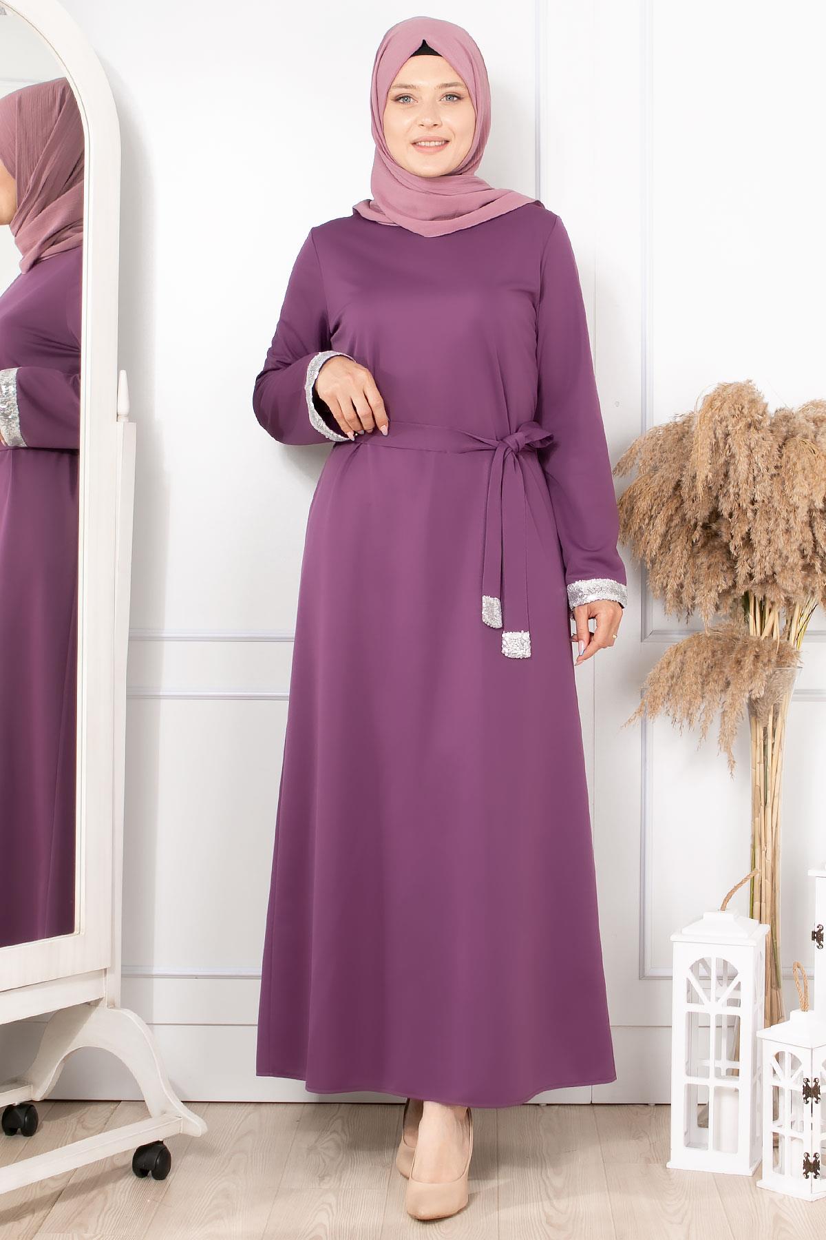 Payet Kemerli Büyük Beden Elbise Lila MFA1878 | MFA Moda