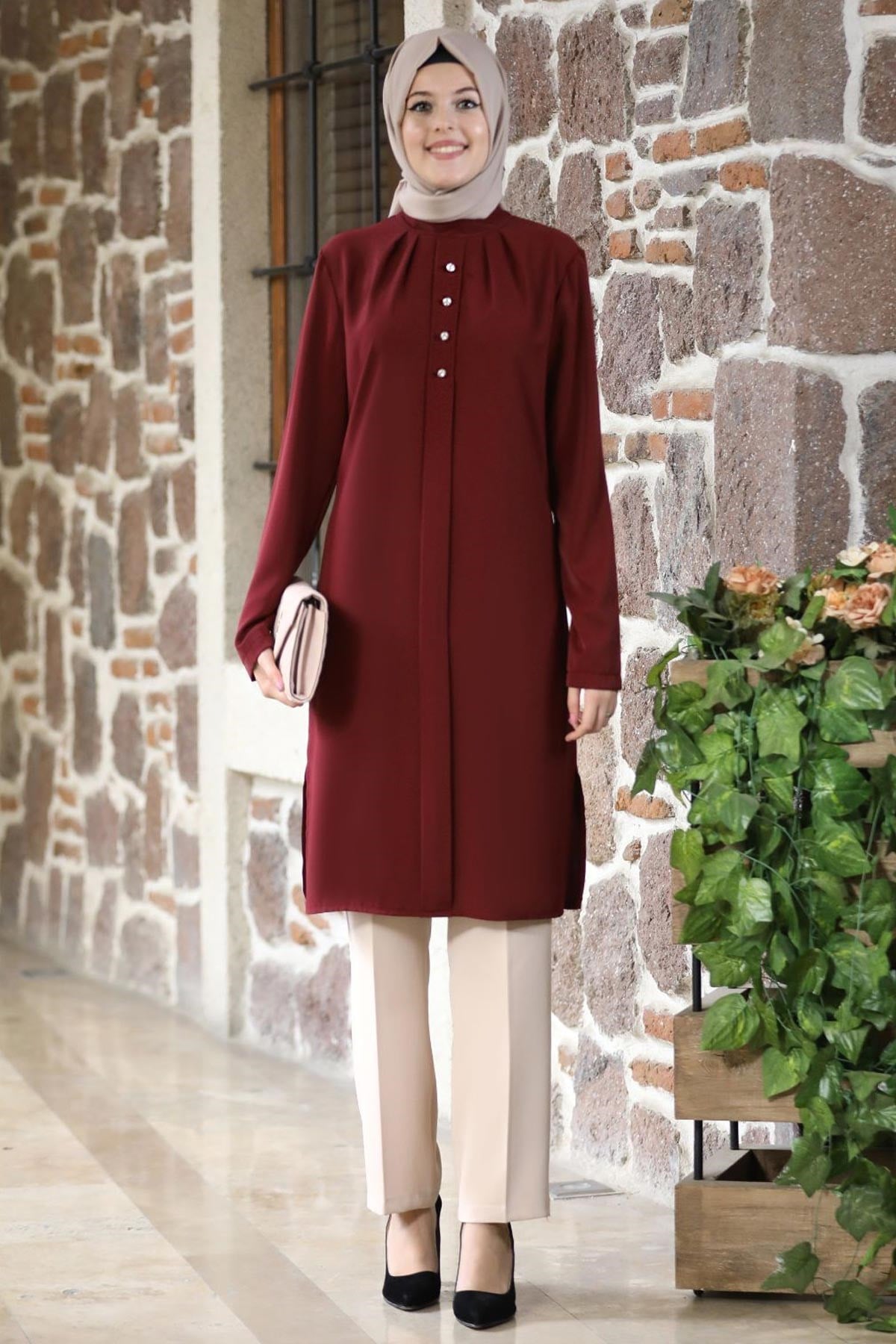 Button Detailed Tunic Claret Red NDY13