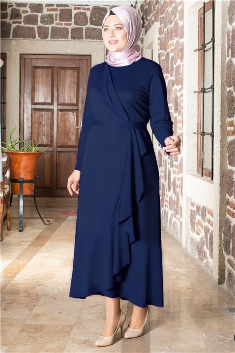 Fırfır Detaylı Tesettür Elbise Lacivert FHM802 | Bahyezen
