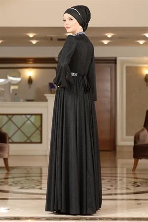 Stone Embroidered Silvery Tulle Evening Dress Black AHN230AHN230-SİYAHAhunisa